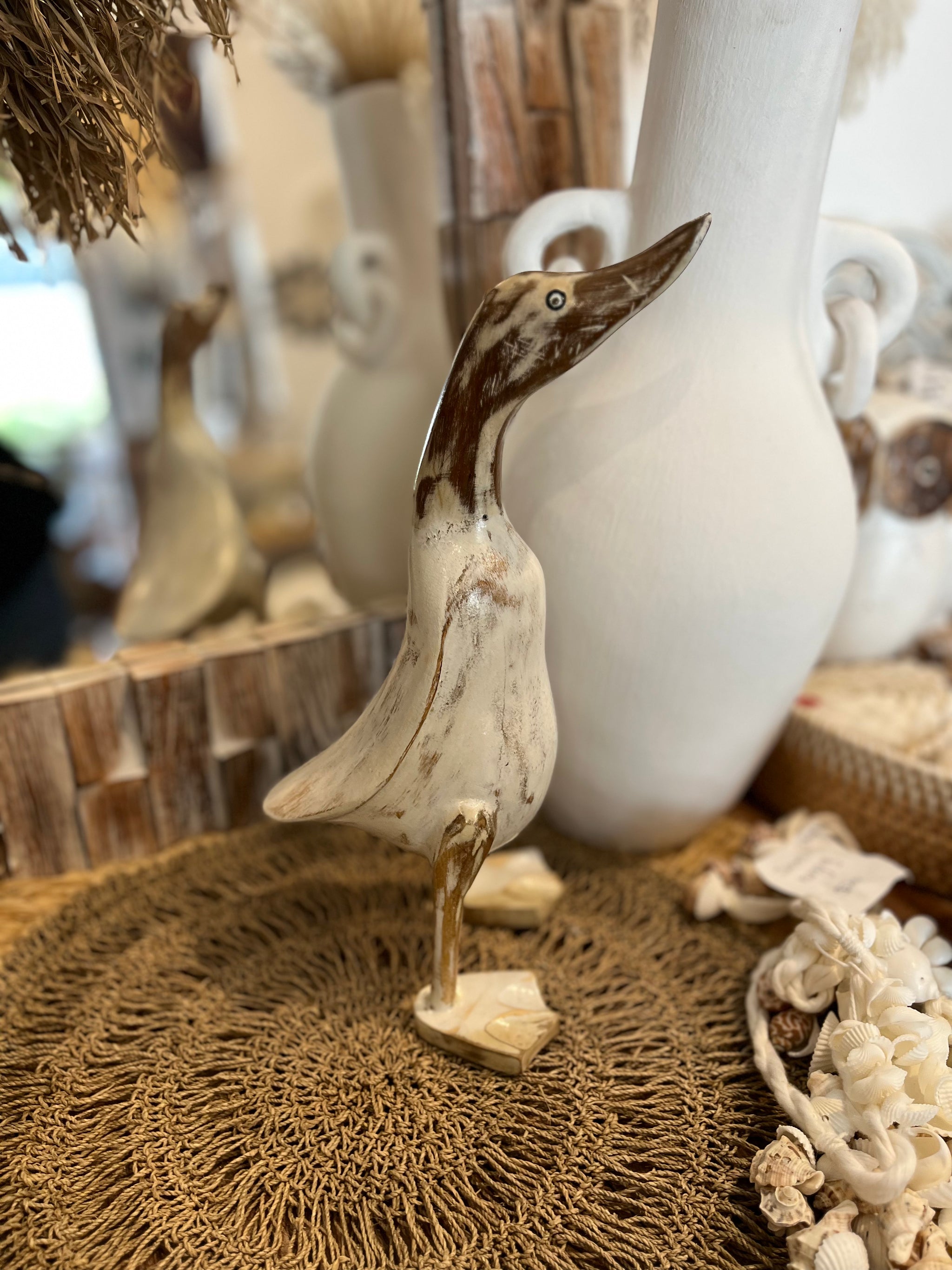 Rustic white timber duck. Handpainted - Bali Beach Beyond