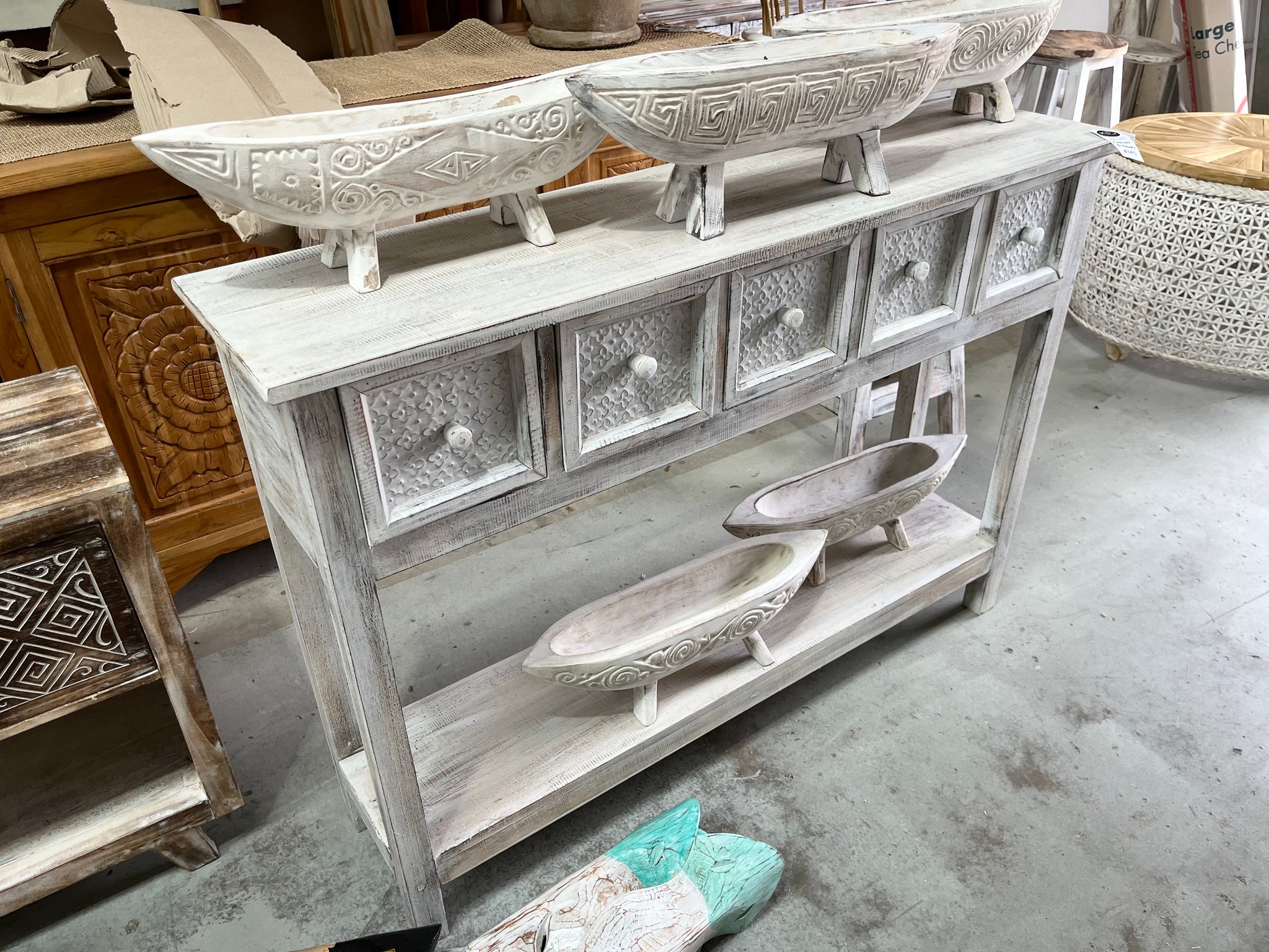 Rustic white sideboard / hall table with 5 pressed metal detailed drawers - Bali Beach Beyond