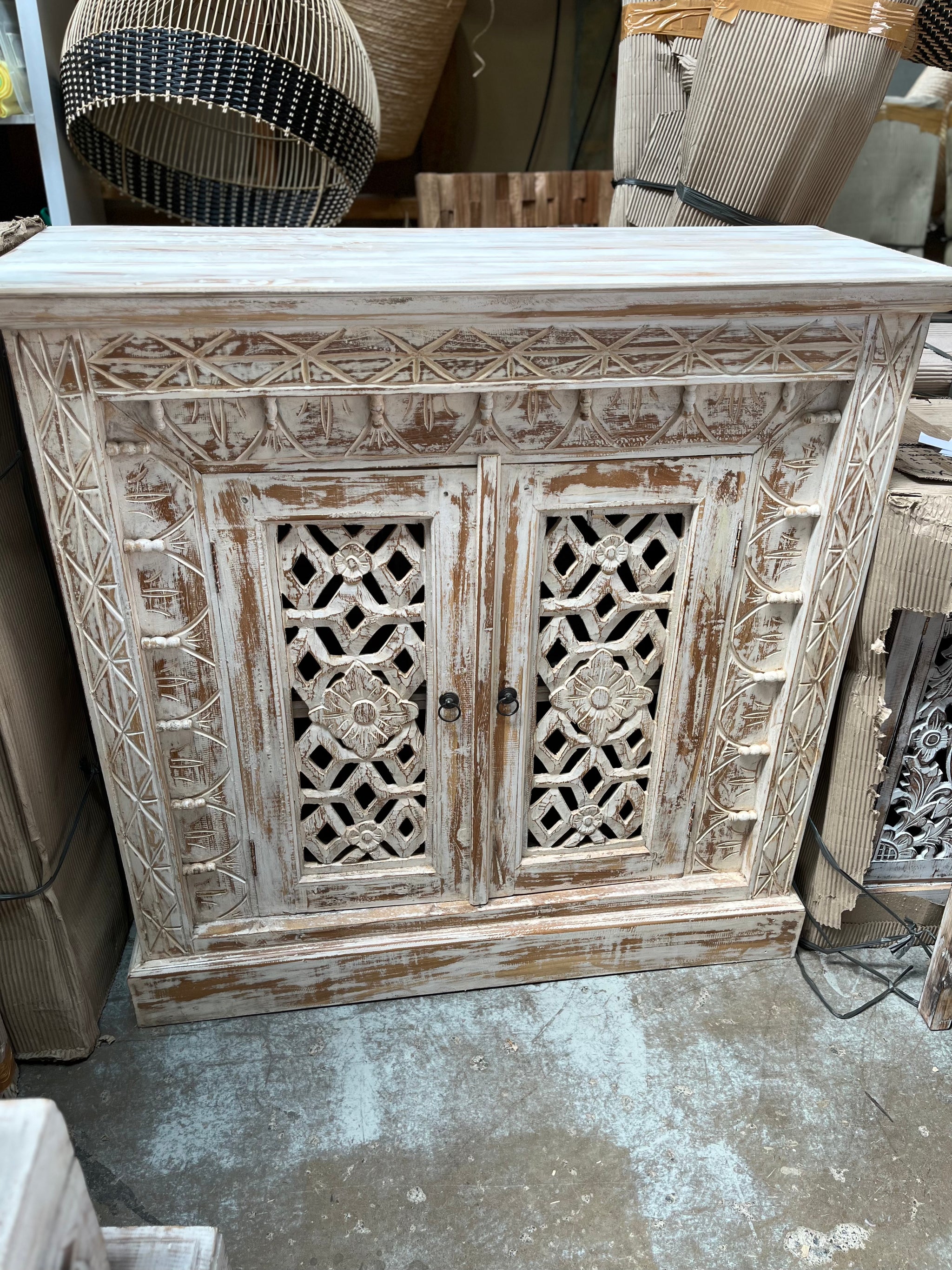 Carved rustic white timber cabinet / sideboard with 2 doors - Bali Beach Beyond