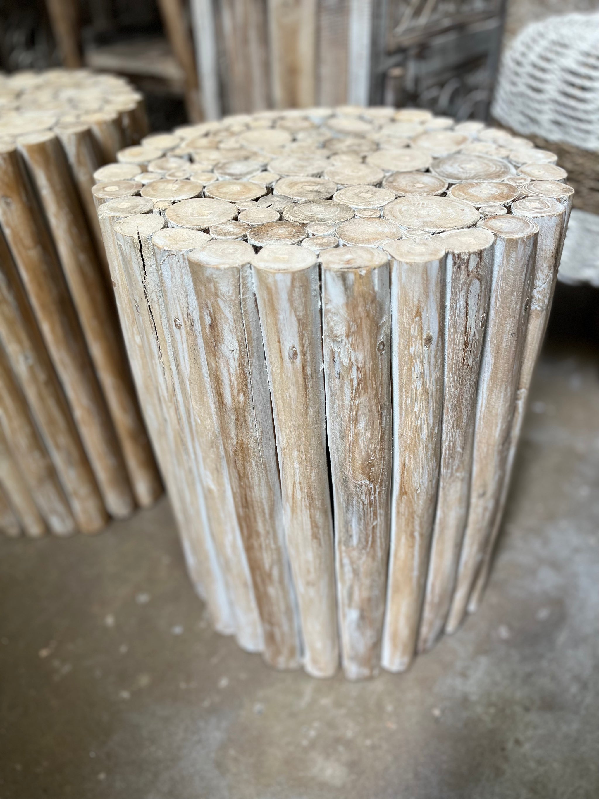 White wash timber side table / stool. Flat top. - Bali Beach Beyond