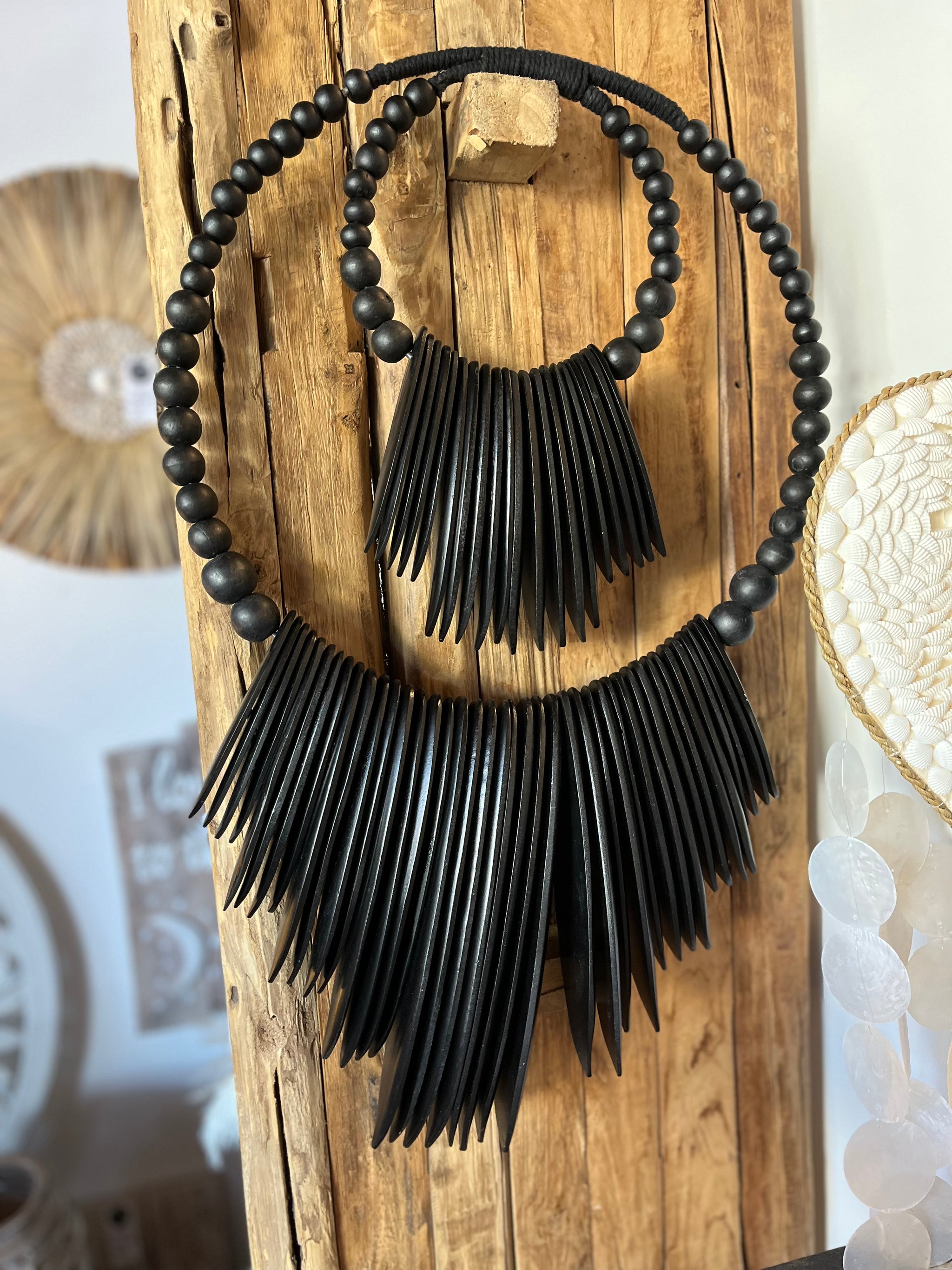 Black 2 tier wall hanging. Timber. - Bali Beach Beyond