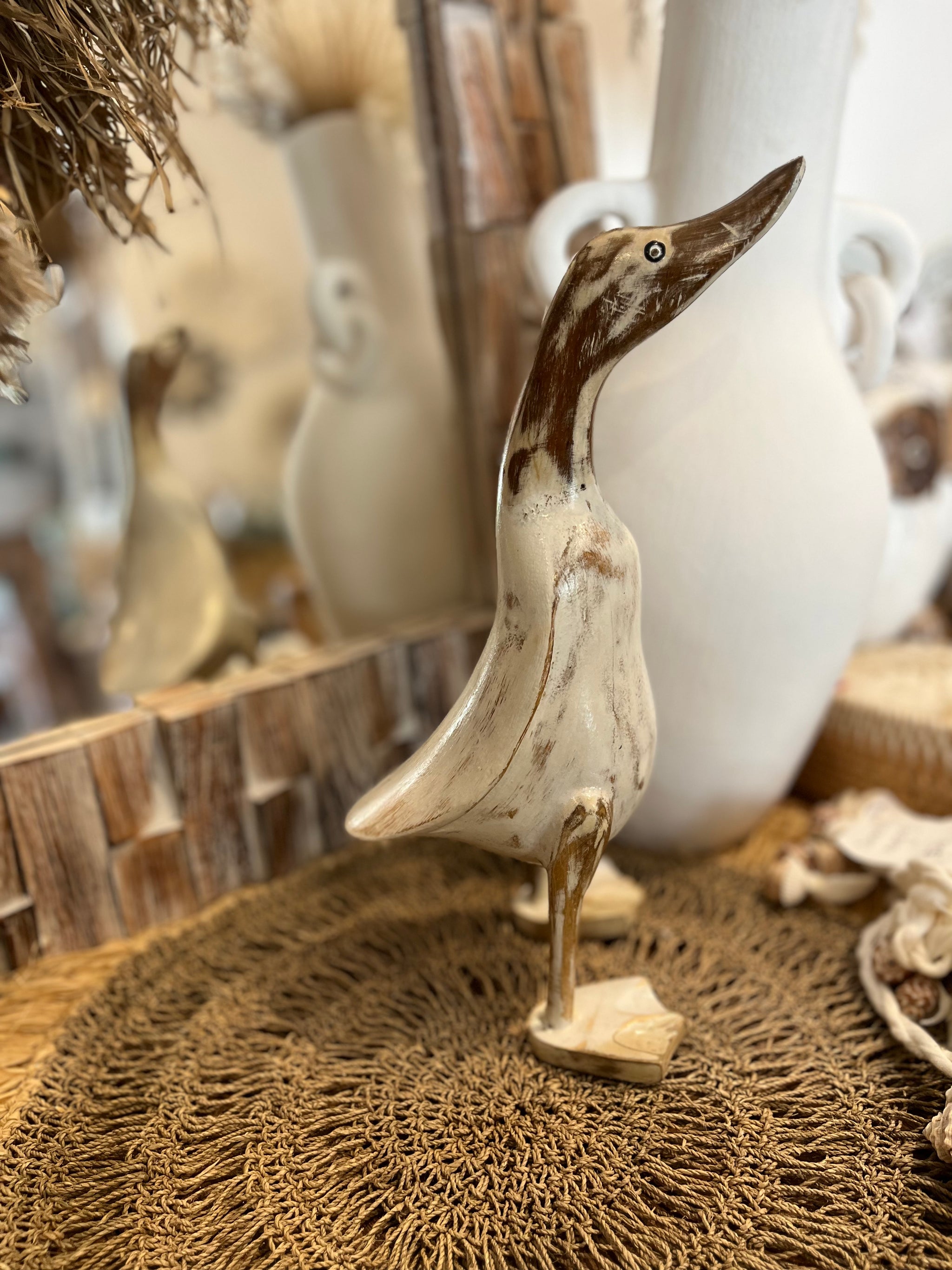 Rustic white timber duck. Handpainted - Bali Beach Beyond