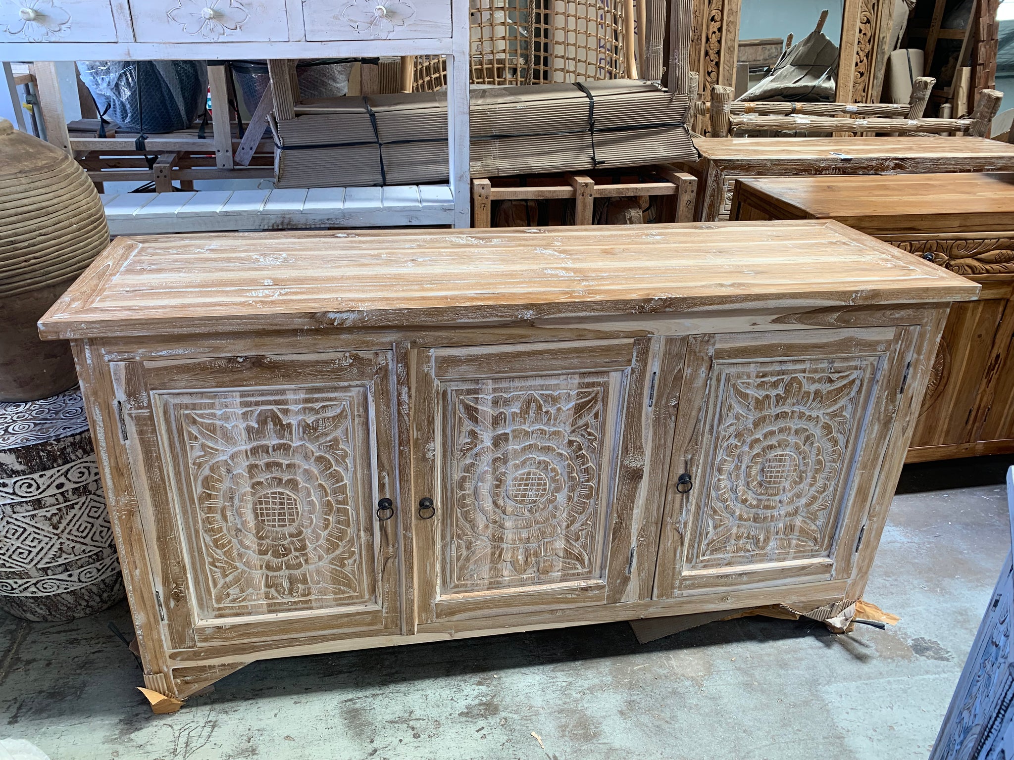 White wash carved timber cabinet / sideboard - Bali Beach Beyond