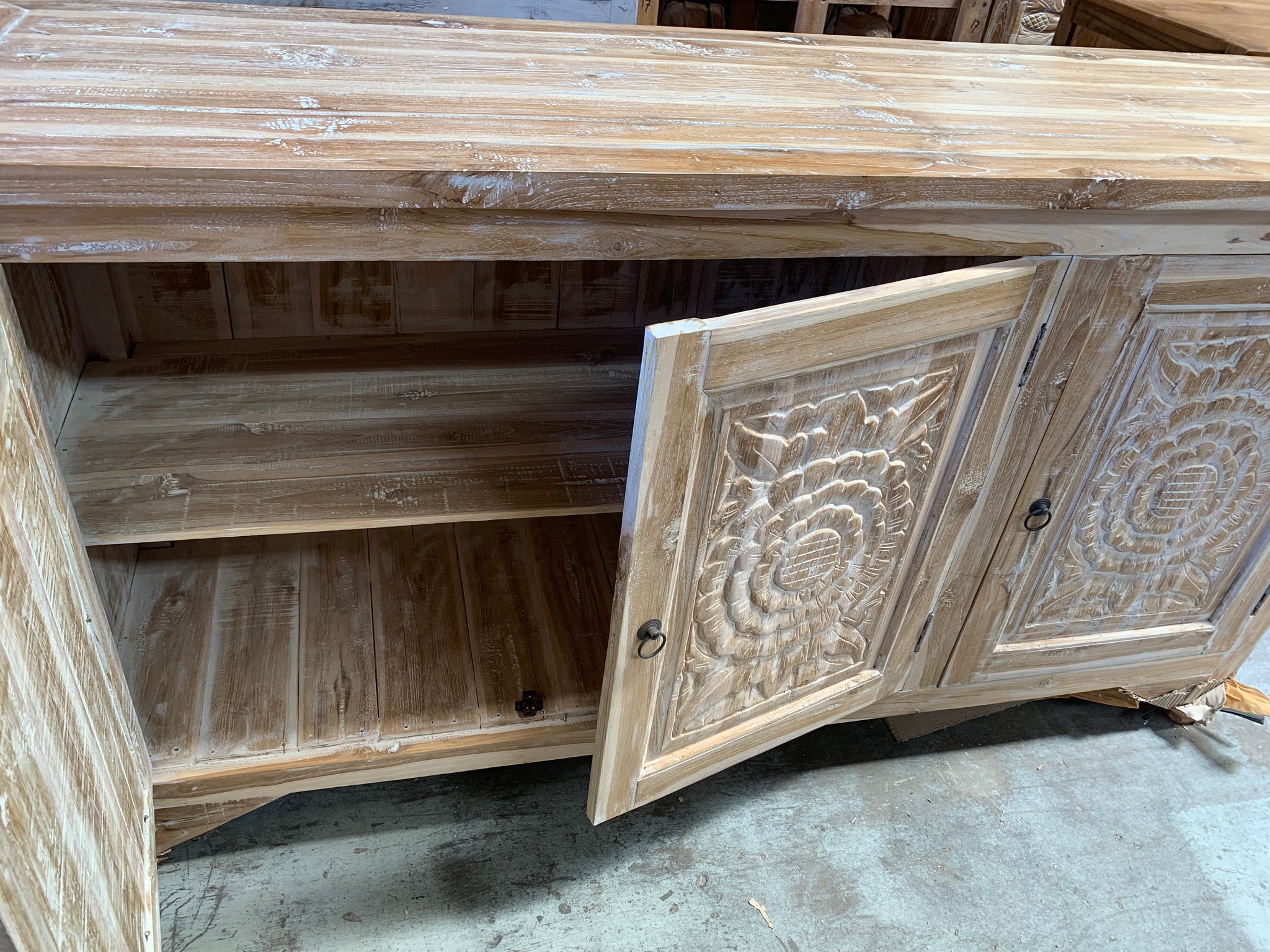 White wash carved timber cabinet / sideboard - Bali Beach Beyond