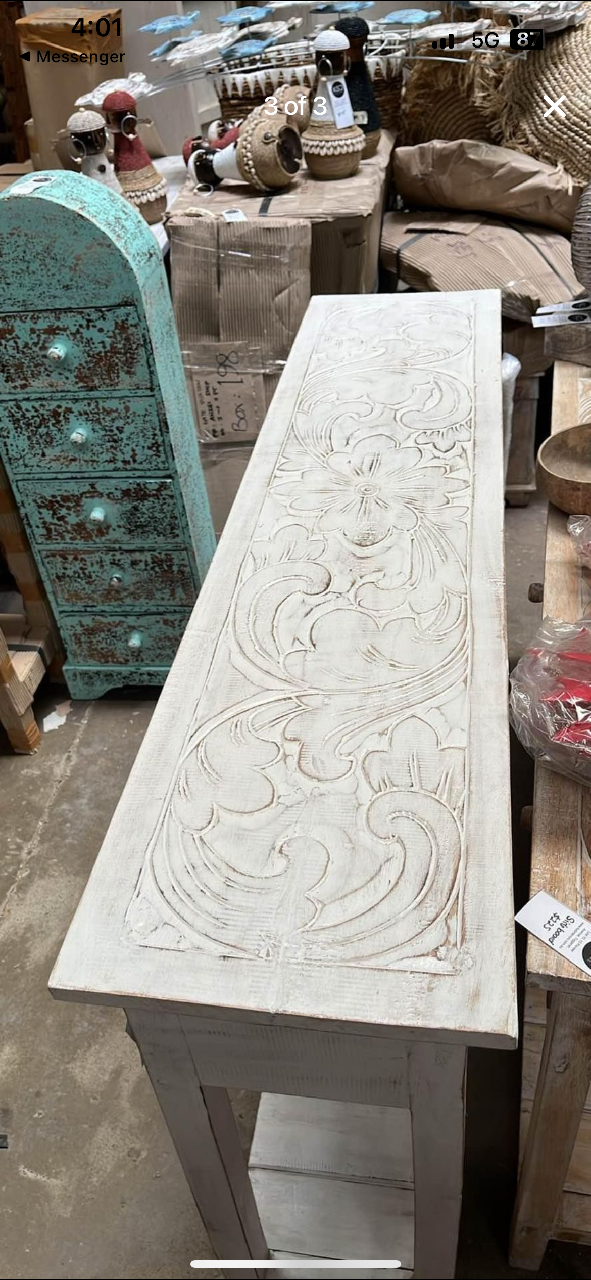 Rustic white Timber sideboard with 3 drawers. Carved top. - Bali Beach Beyond