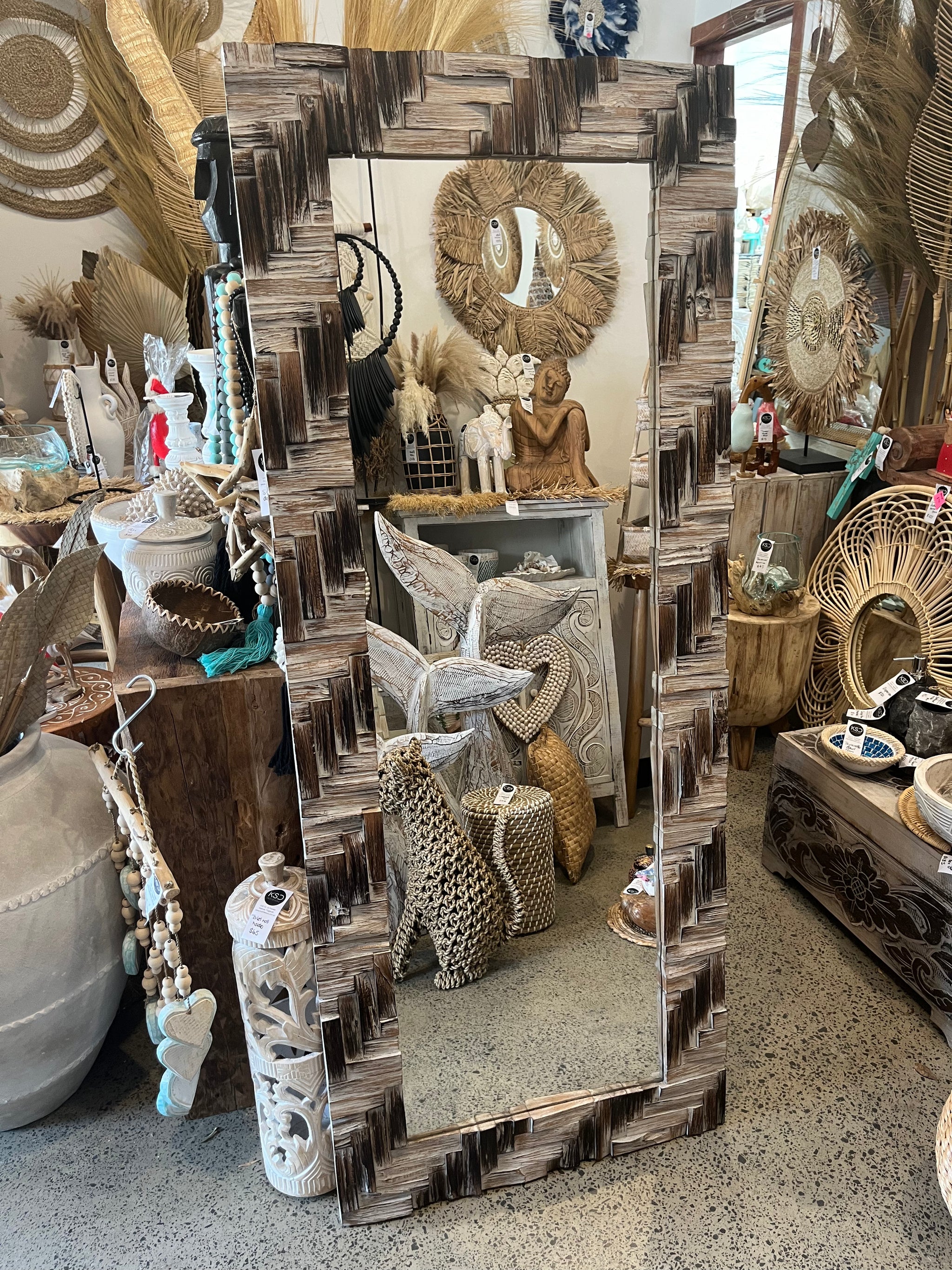Large timber mirror. 150 x 60cm. Brown / white wash - Bali Beach Beyond