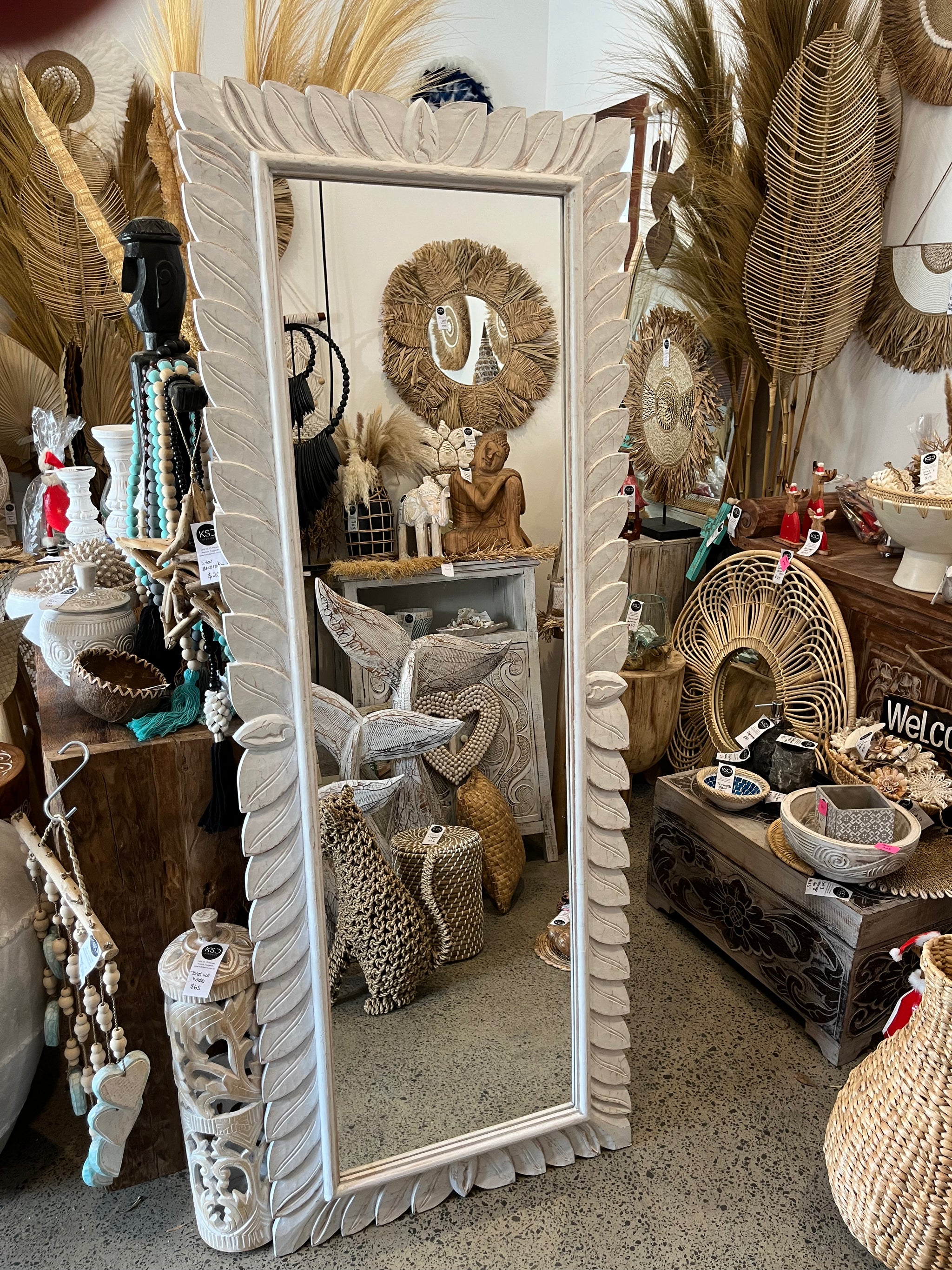 Rustic white wash large handcarved timber mirror. 160 x 60cm - Bali Beach Beyond