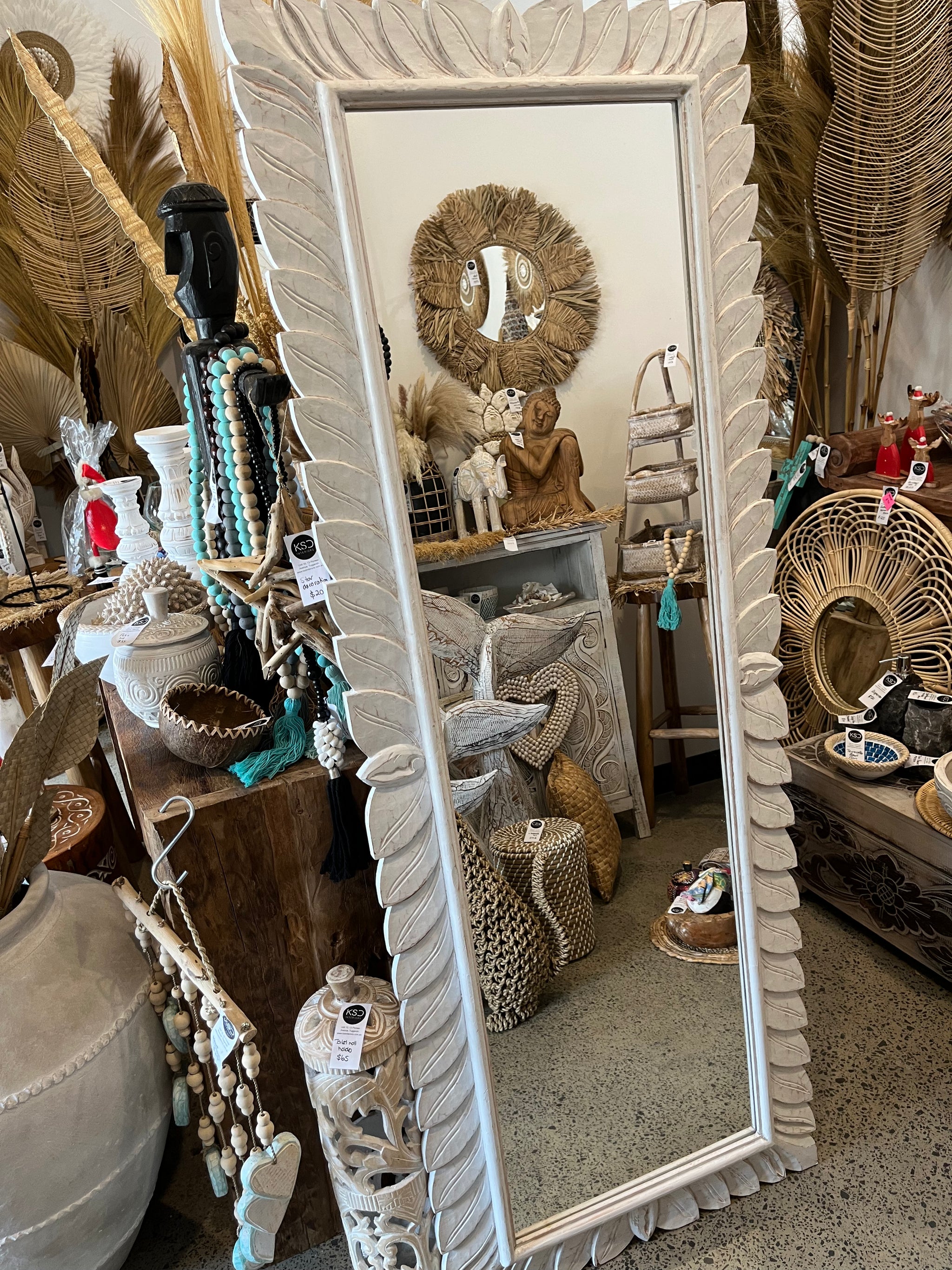 Rustic white wash large handcarved timber mirror. 160 x 60cm - Bali Beach Beyond