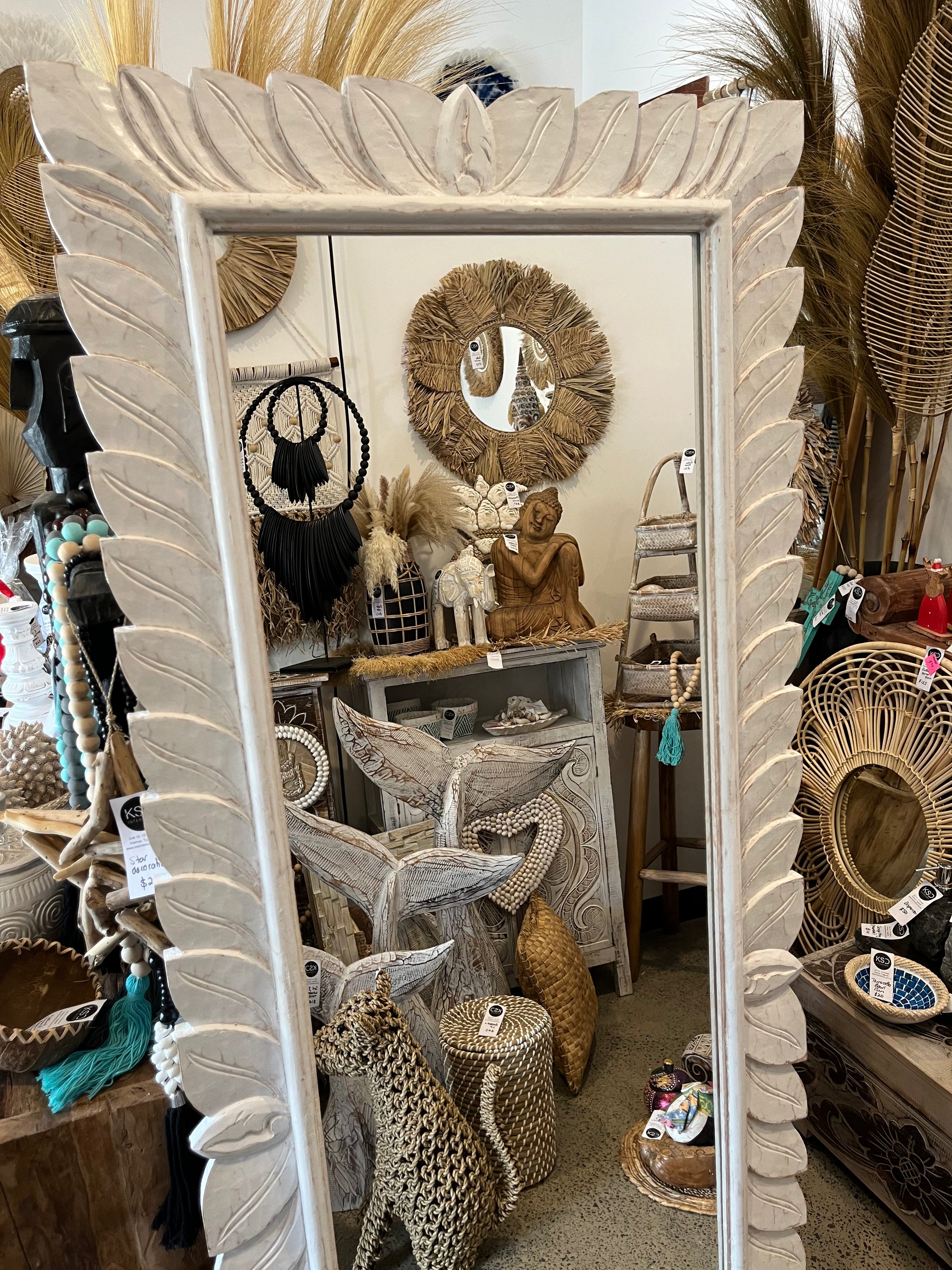 Rustic white wash large handcarved timber mirror. 160 x 60cm - Bali Beach Beyond