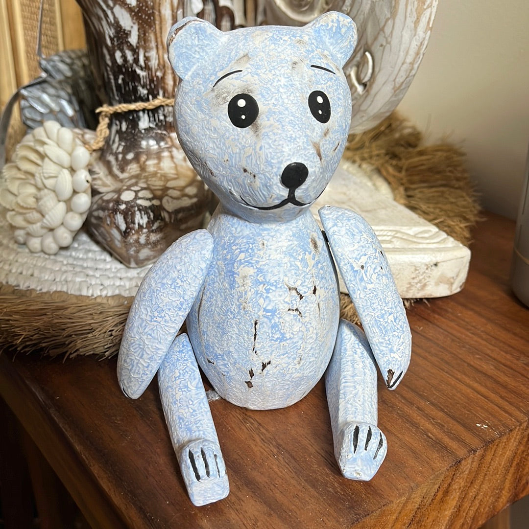 Small jointed rustic blue timber bear - Bali Beach Beyond
