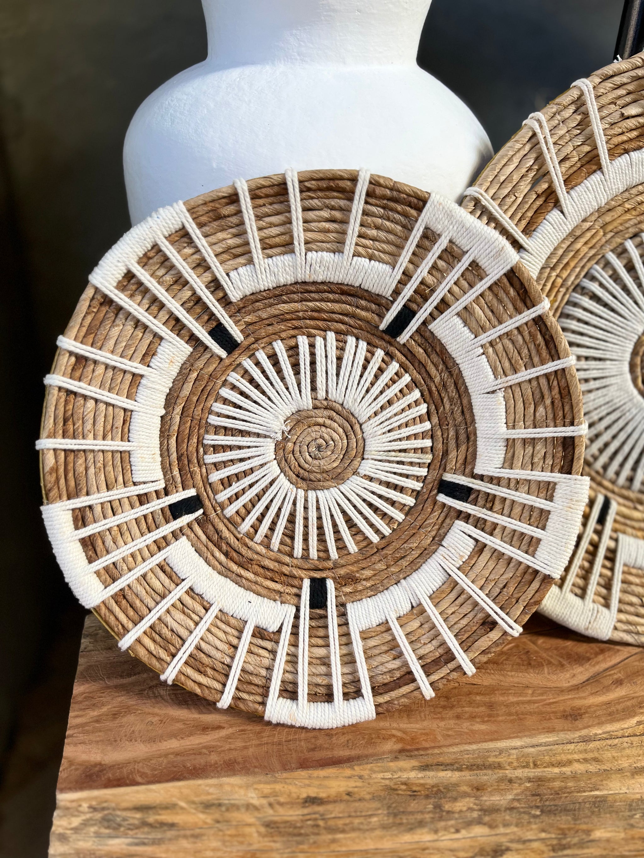 Woven wall platter natural and white. 40cm - Bali Beach Beyond