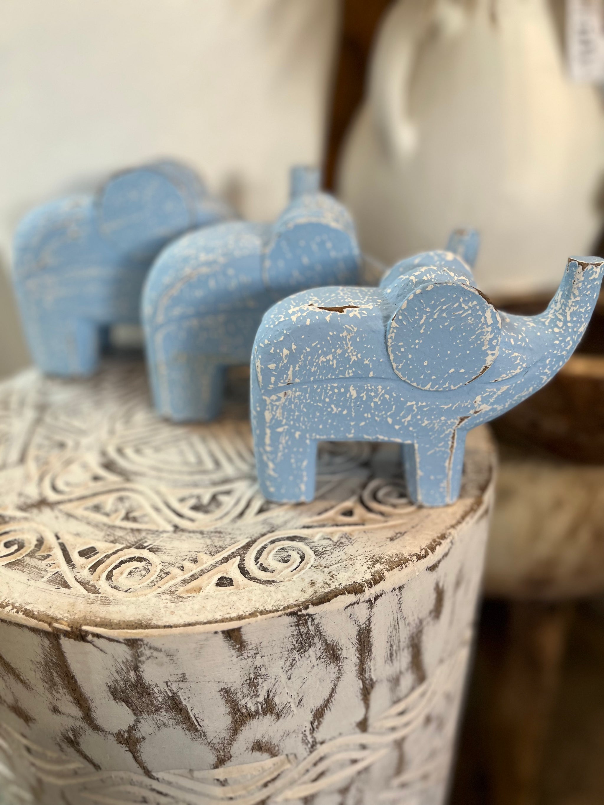 Set 3 timber handcarved elephants - blue. - Bali Beach Beyond