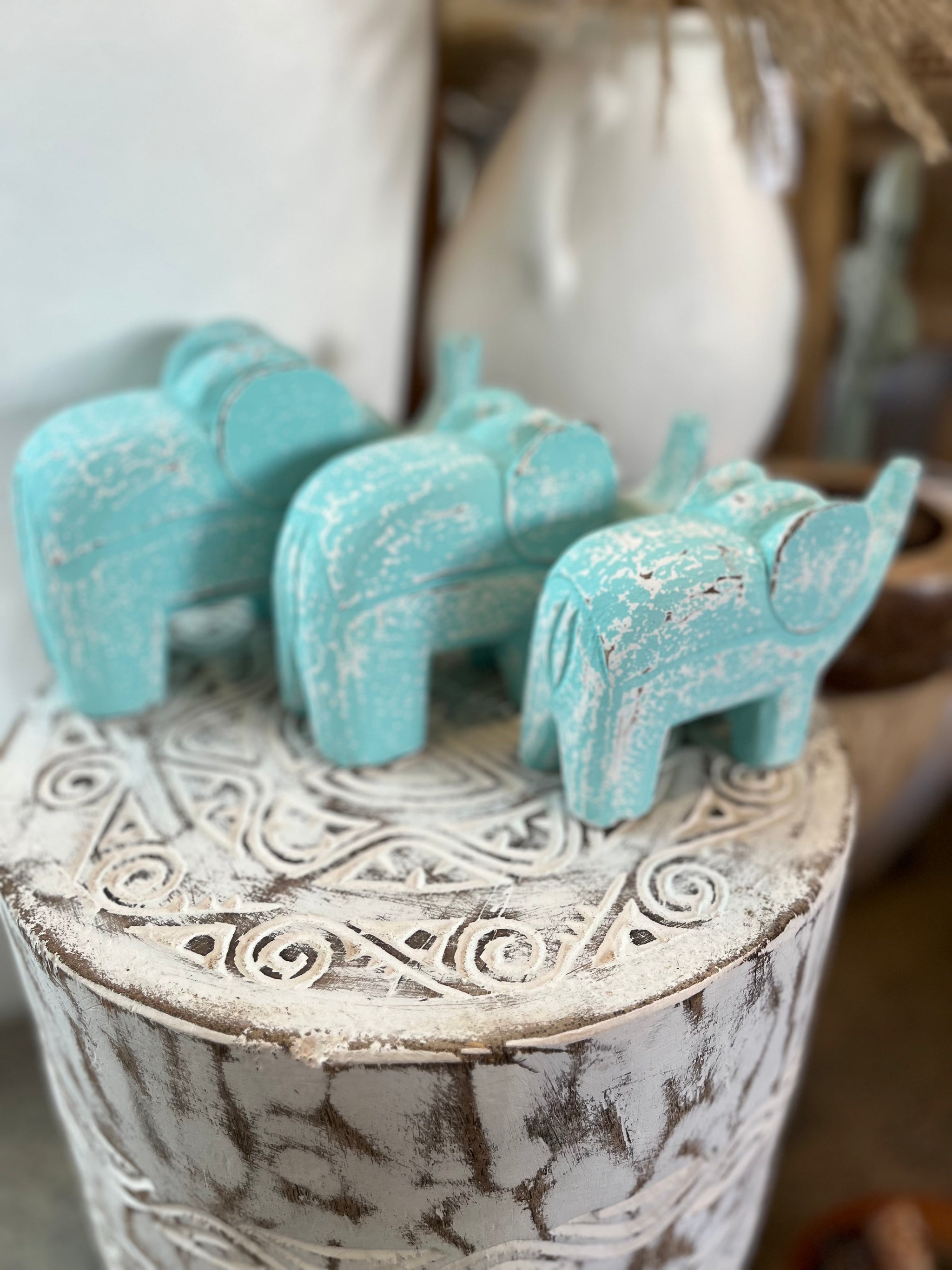 Set 3 timber handcarved elephants aqua / turquoise. - Bali Beach Beyond