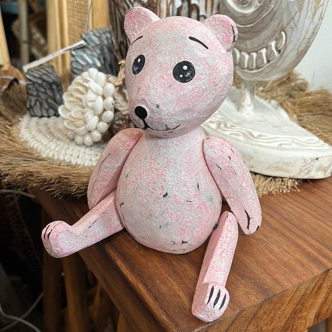 Small jointed rustic pink timber bear - Bali Beach Beyond