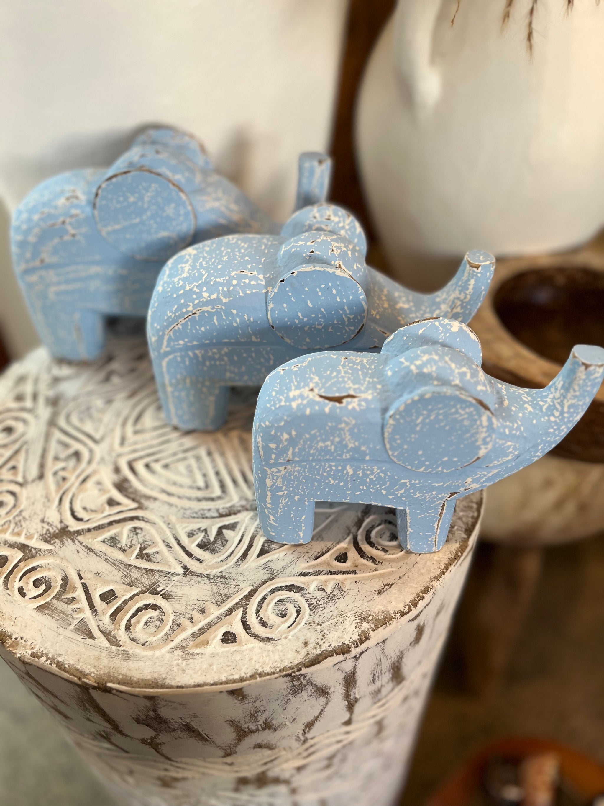 Set 3 timber handcarved elephants - blue. - Bali Beach Beyond