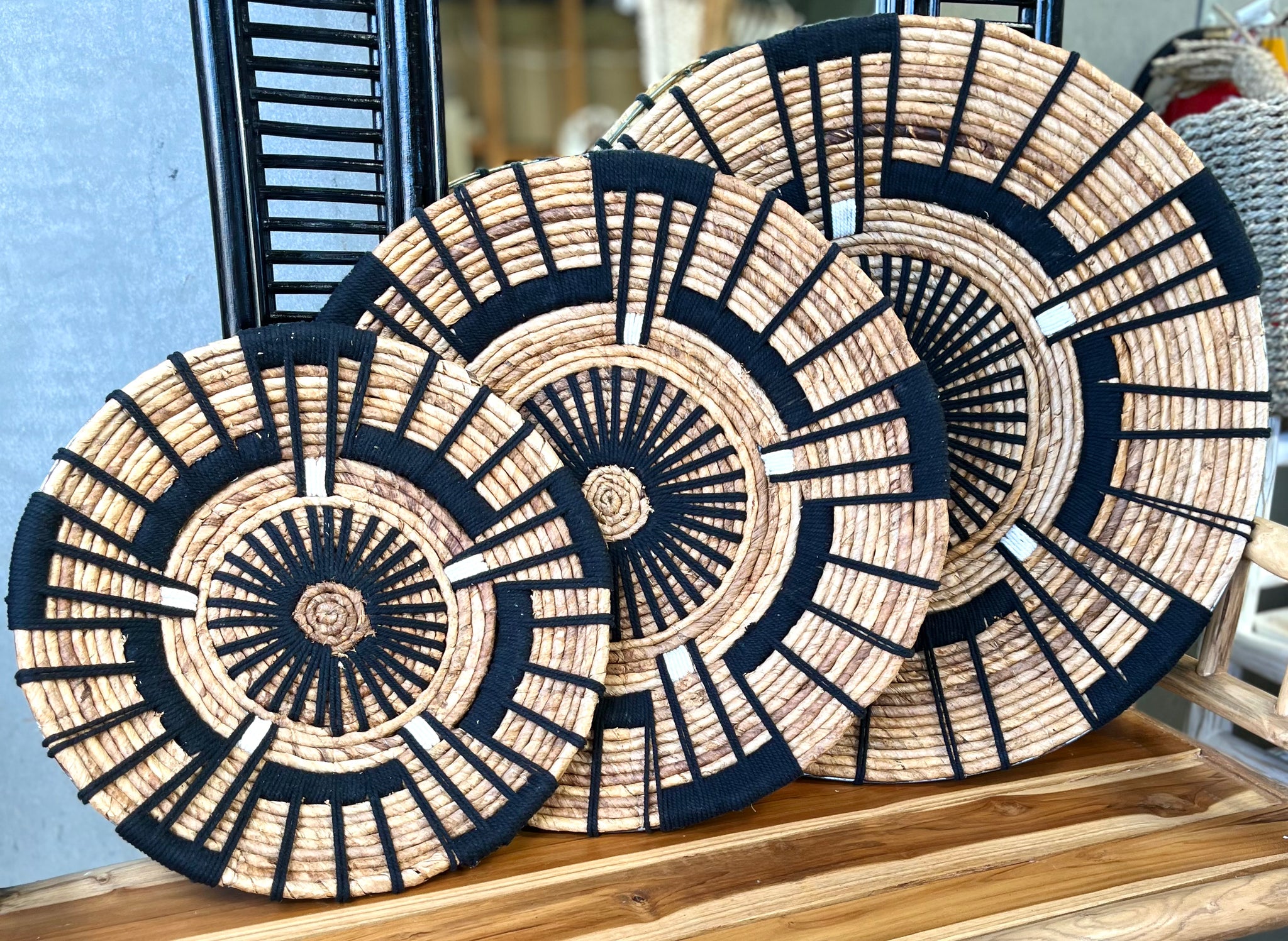Woven wall platters natural and white. Set of 3. Design 2 - Bali Beach Beyond