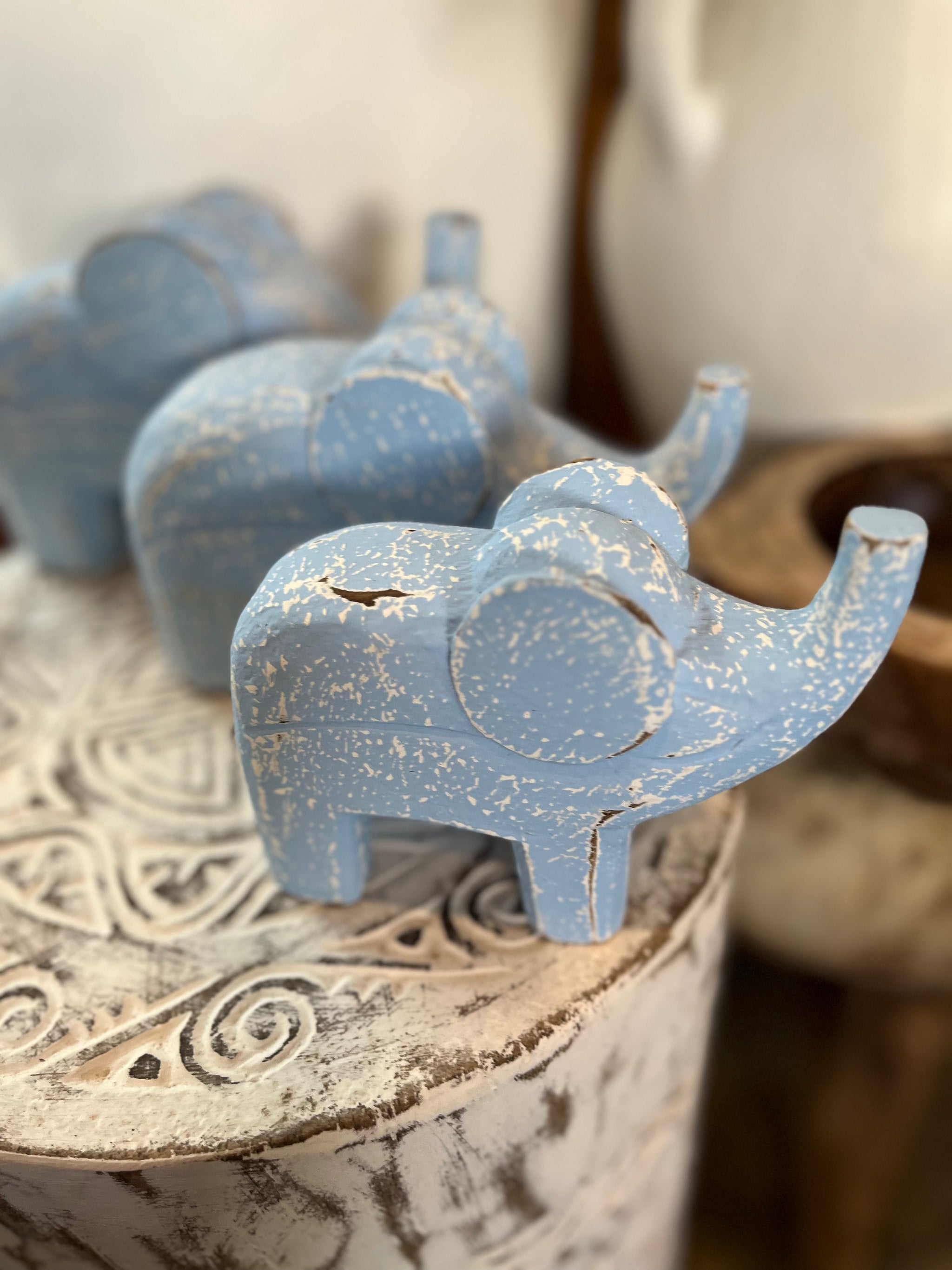 Set 3 timber handcarved elephants - blue. - Bali Beach Beyond