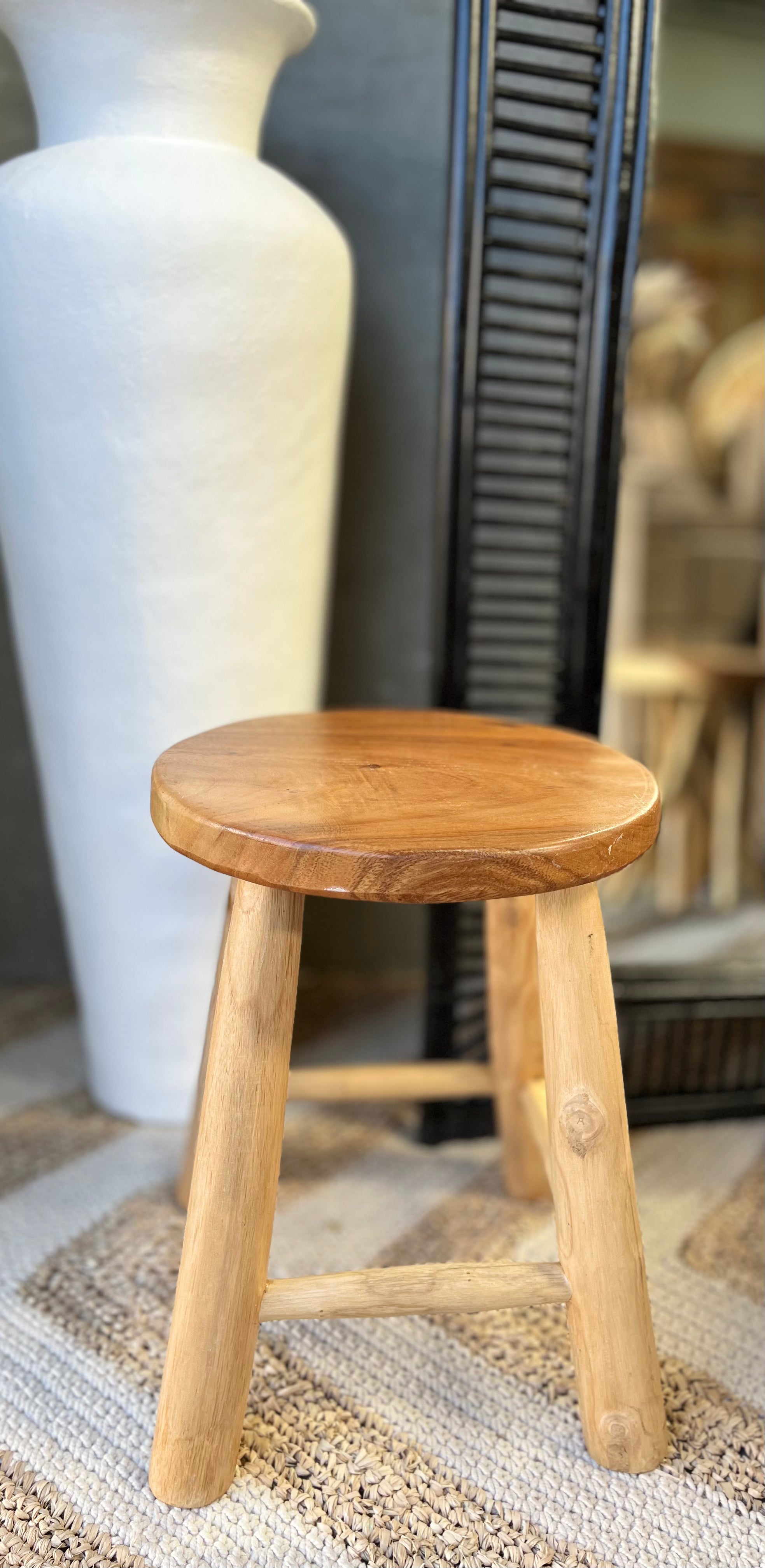 Timber round stool / side table. 4 legs. Natural - Bali Beach Beyond