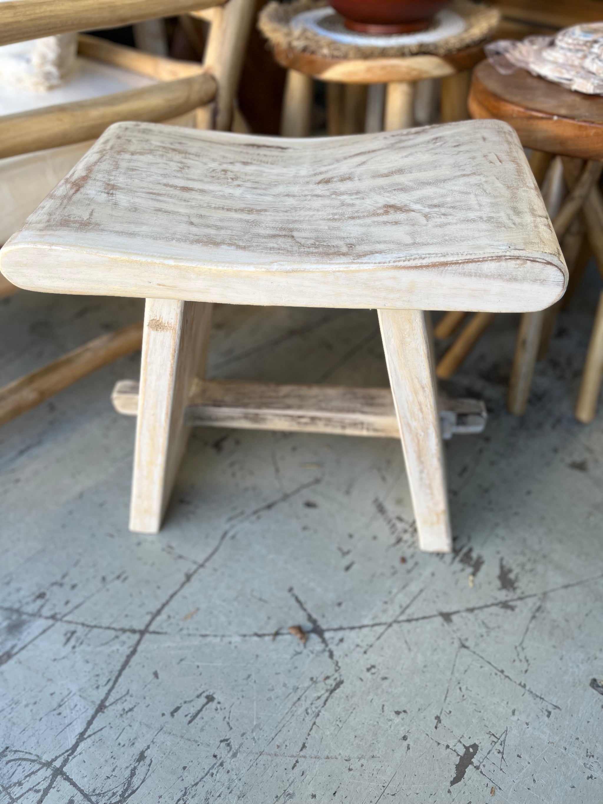 Timber stool / side table. Pin legs. White wash - Bali Beach Beyond