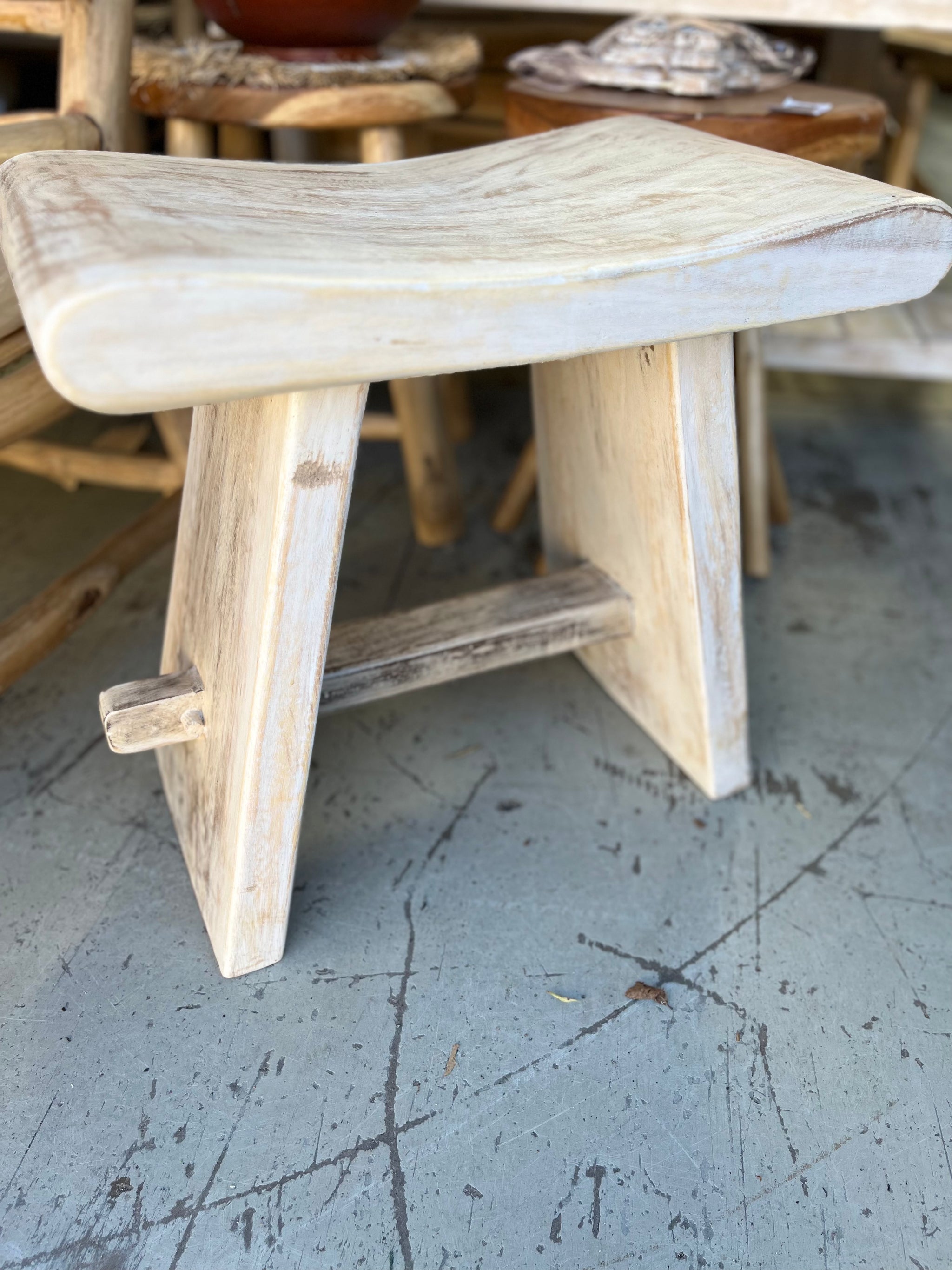 Timber stool / side table. Pin legs. White wash - Bali Beach Beyond
