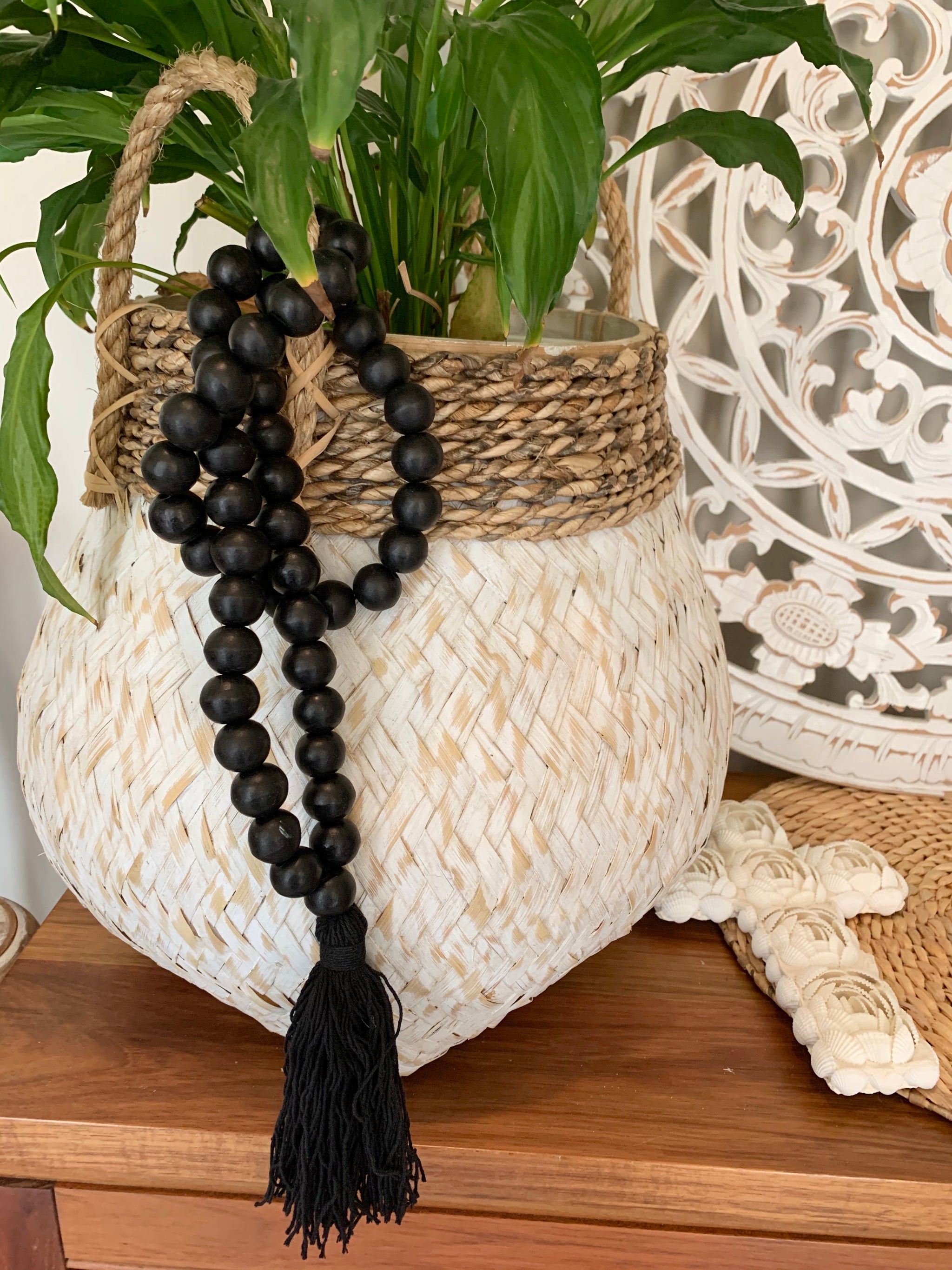 Black bead necklace / tassel decoration. 60cm approx - Bali Beach Beyond