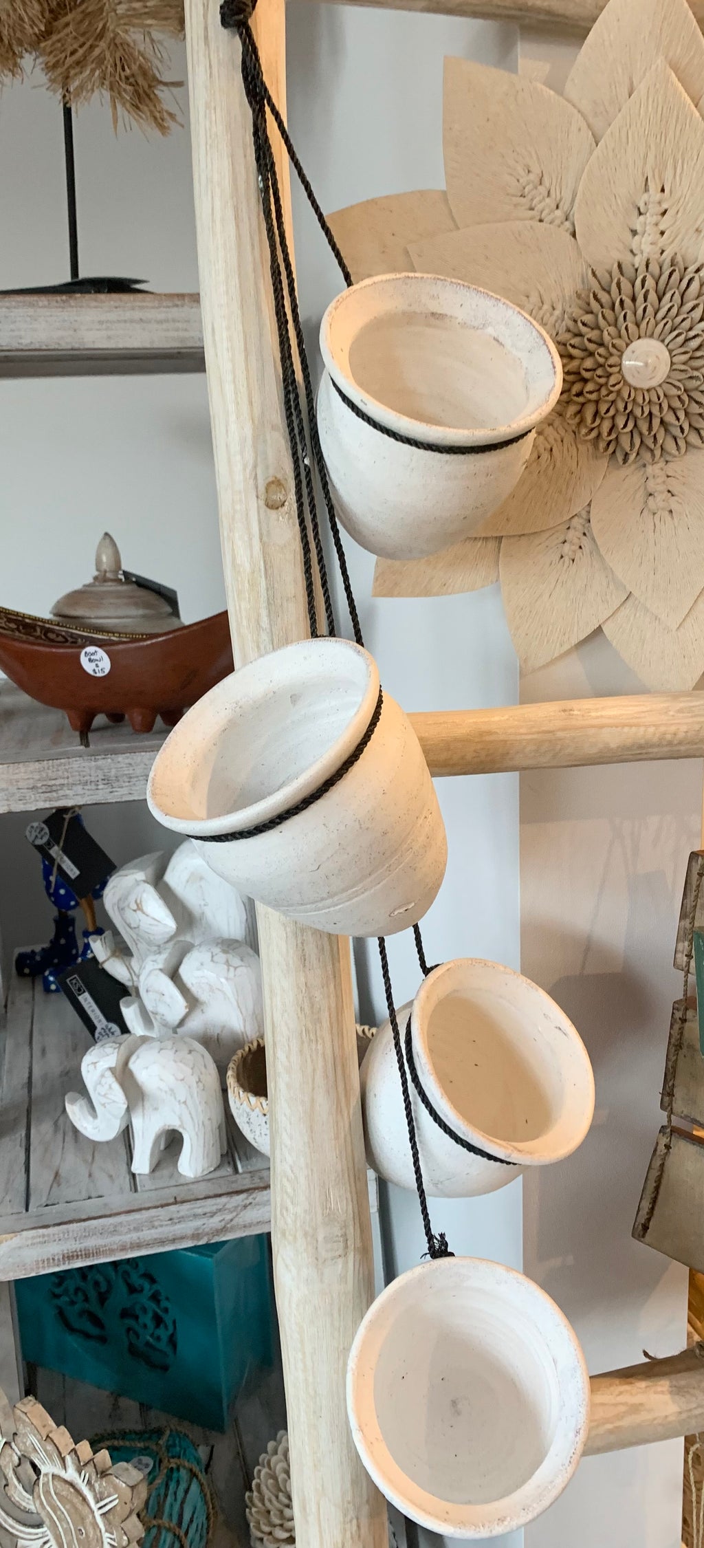 4 white terracotta pot hangings. Usually $40 - Bali Beach Beyond