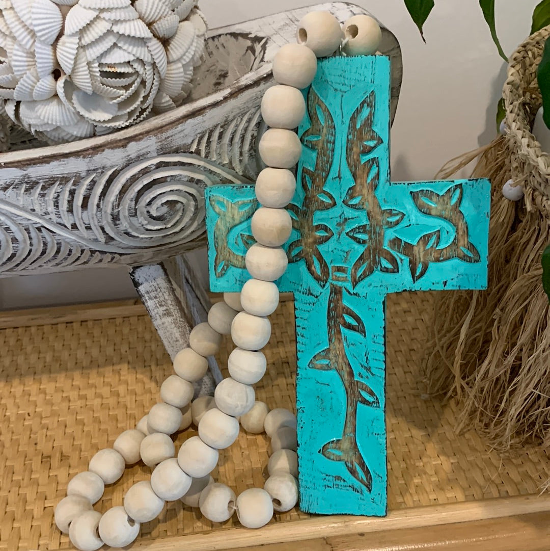 Turquoise carved timber cross with natural beads - Bali Beach Beyond