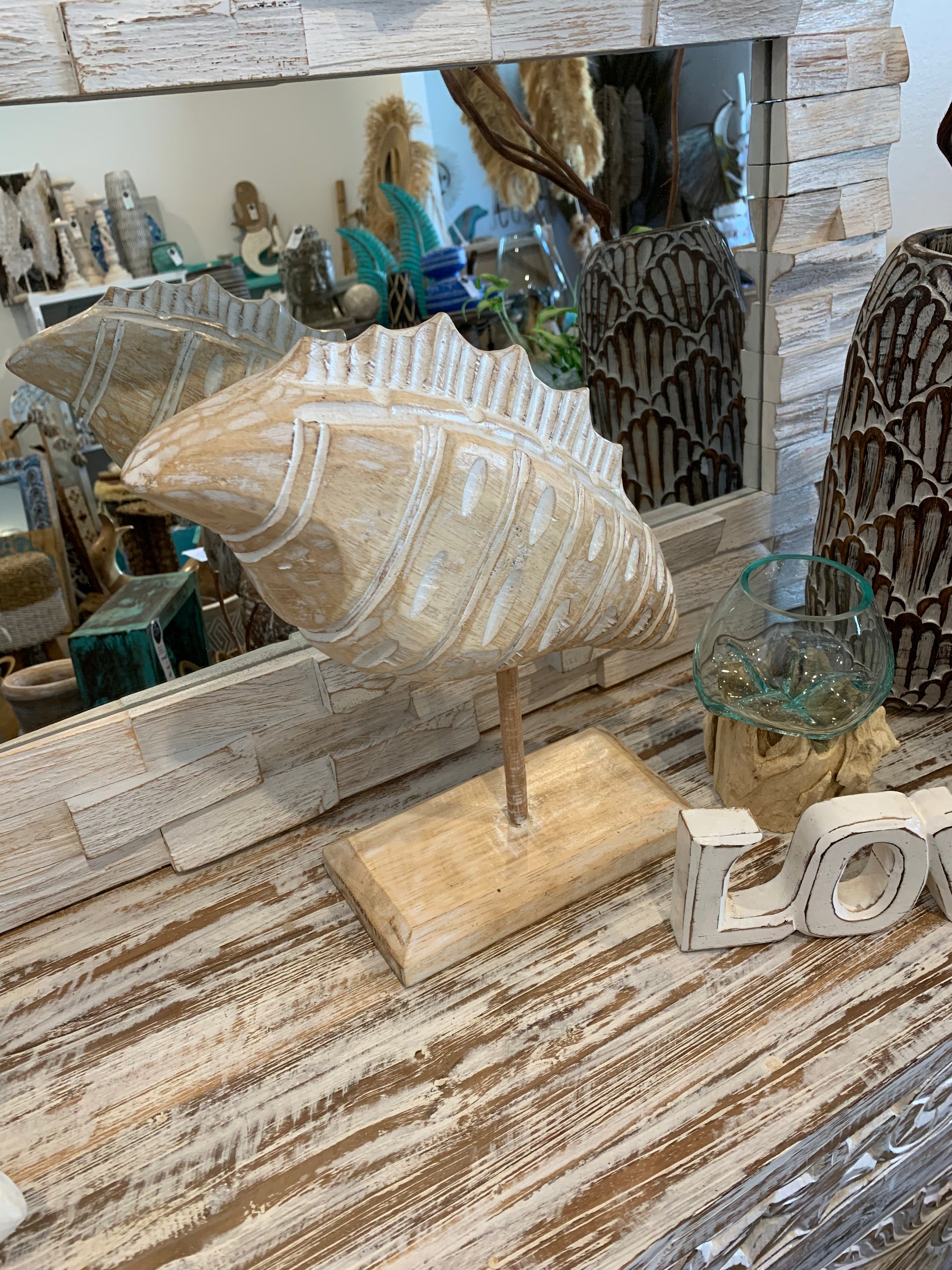 Carved timber shell on stand. Natural. Large - Bali Beach Beyond