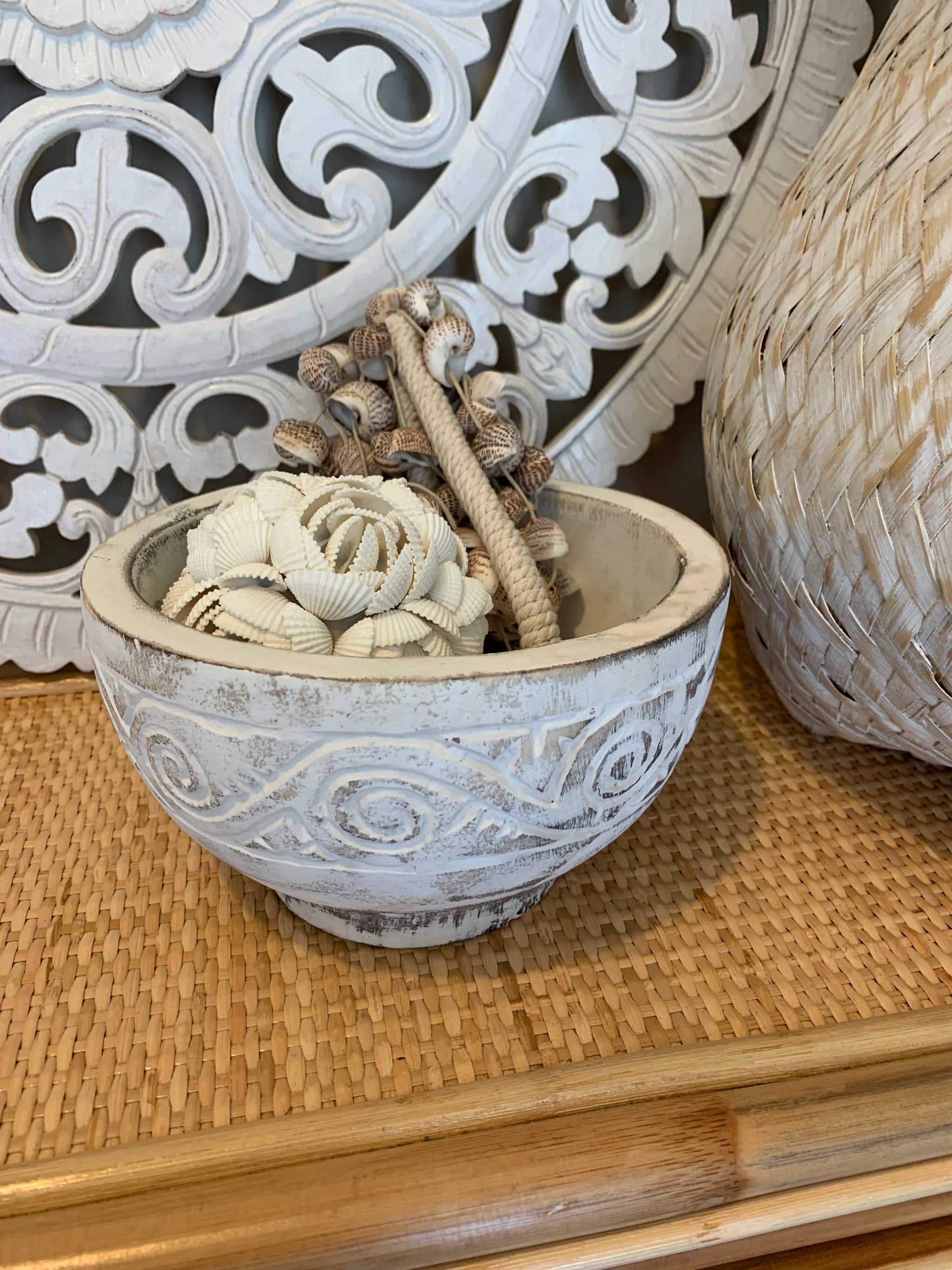 White handcarved timber decorative bowl 19cm x 10cm - Bali Beach Beyond