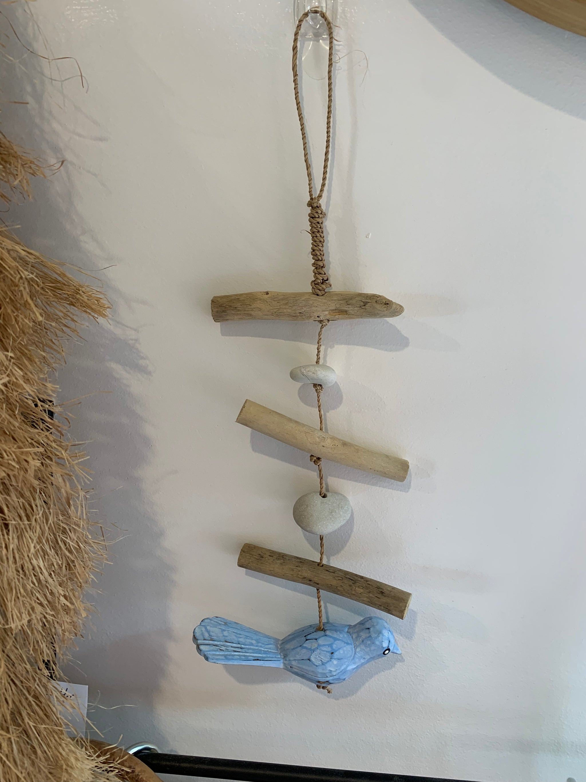 Timber bird hanging decoration. Light blue - Bali Beach Beyond