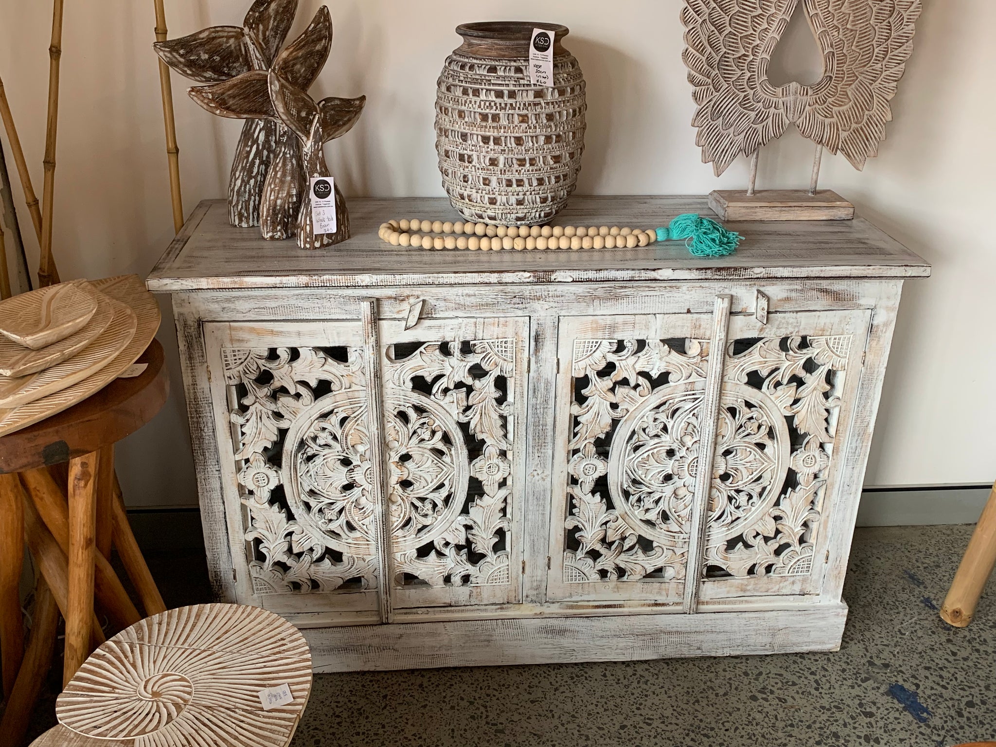 Carved rustic white timber cabinet with 4 doors - Bali Beach Beyond