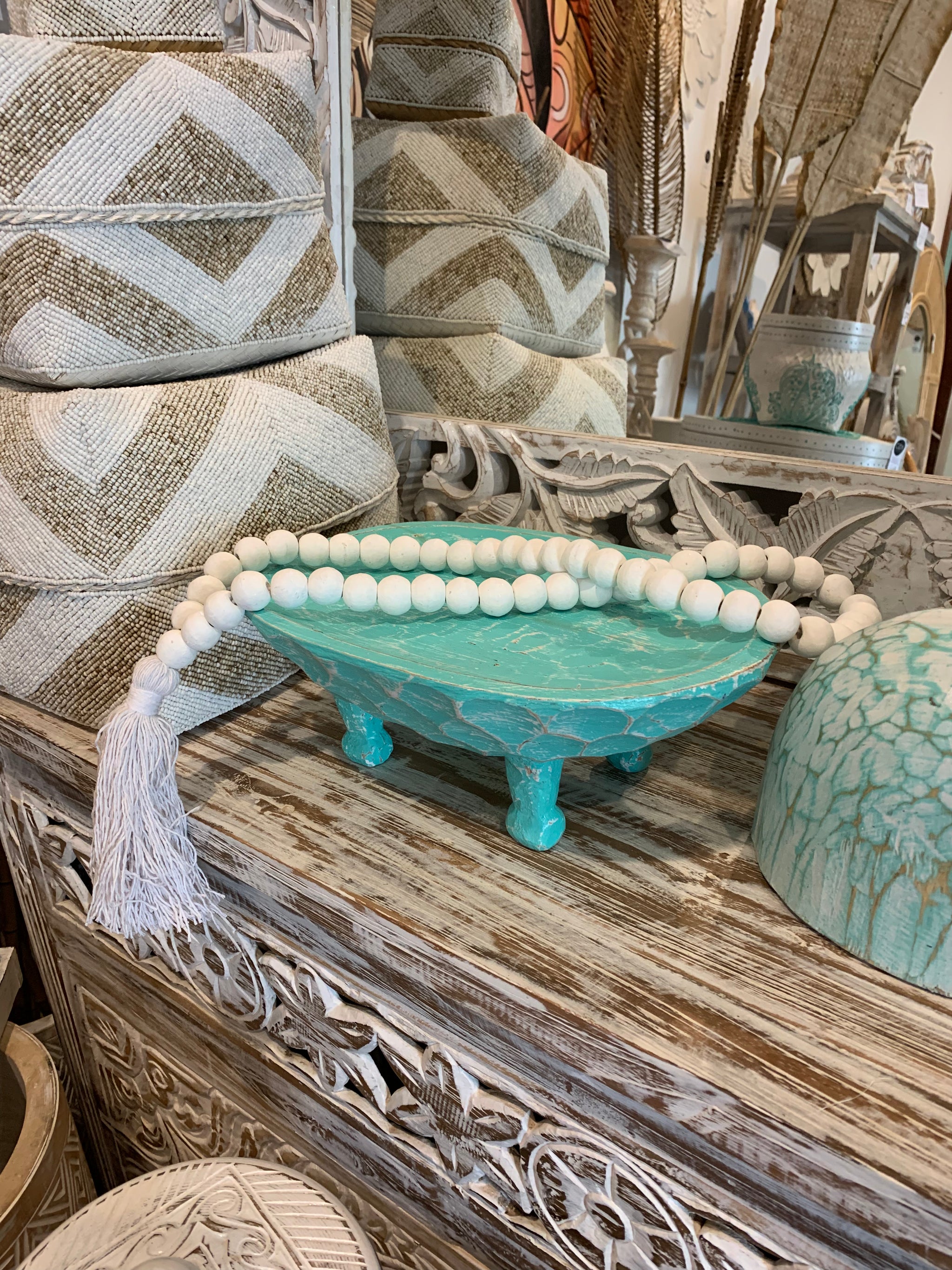 Turquoise timber decorative platter on legs 30cm - Bali Beach Beyond