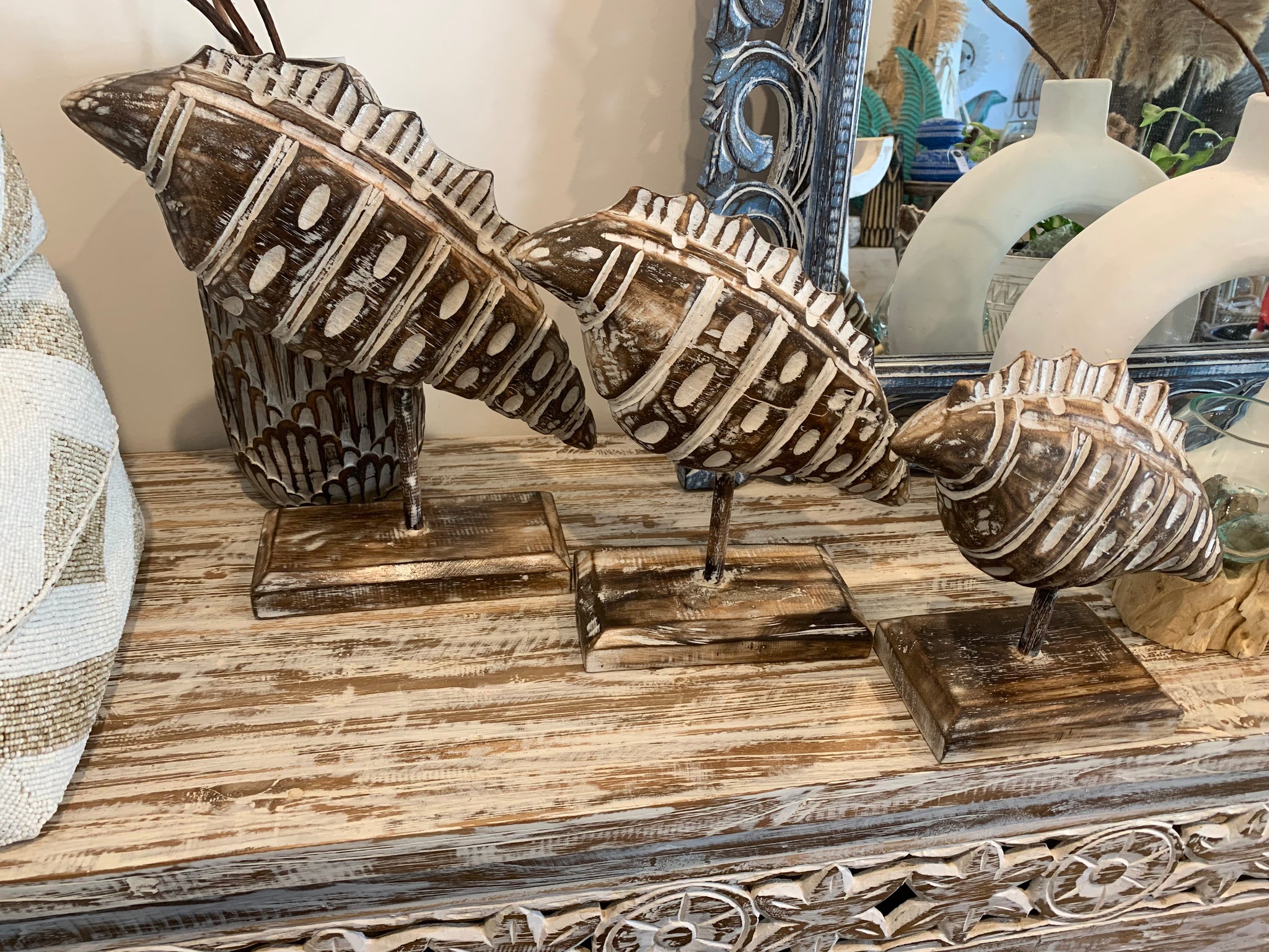 Carved timber shell on stand. Set 3. Brown. EOFY sale. Usually $65 - Bali Beach Beyond