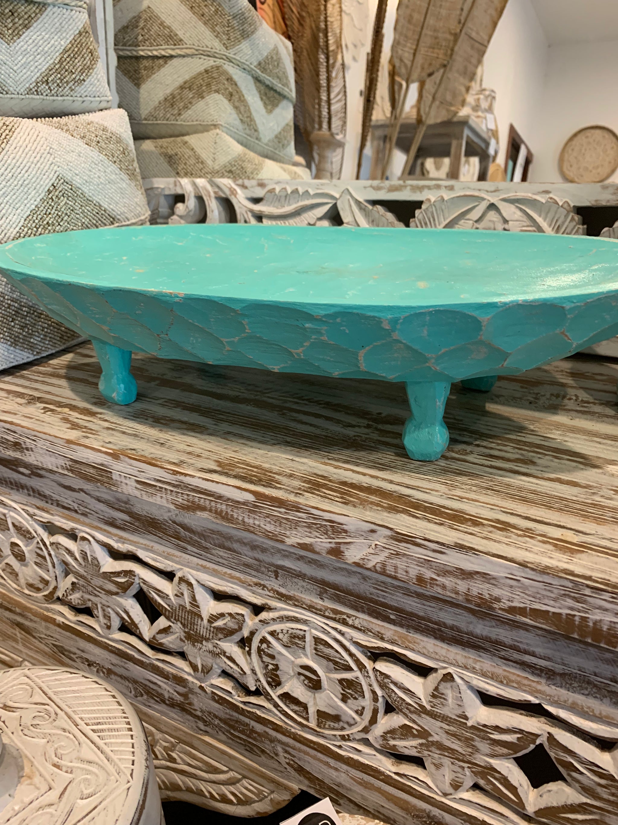 Turquoise timber decorative platter on legs 49cm - Bali Beach Beyond