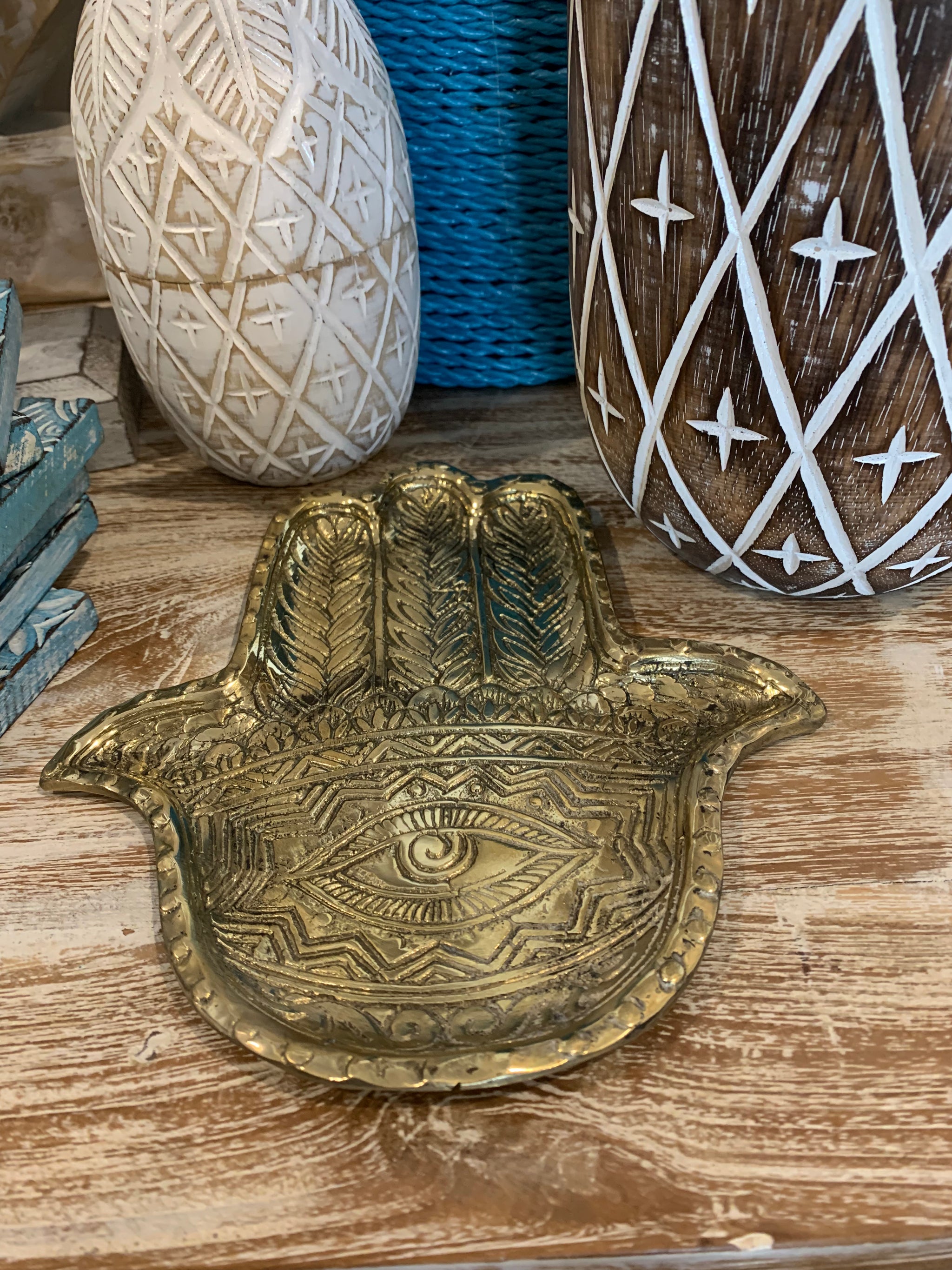Brass hamsa hand tray. - Bali Beach Beyond