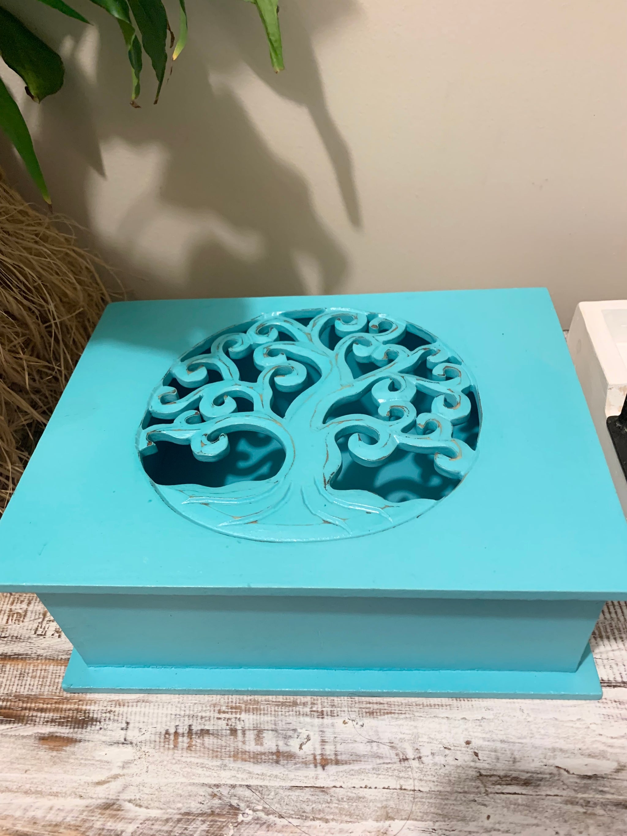 Carved tree of life aqua box with hinged lid. Jewellery / storage. Large. 24cm w - Bali Beach Beyond