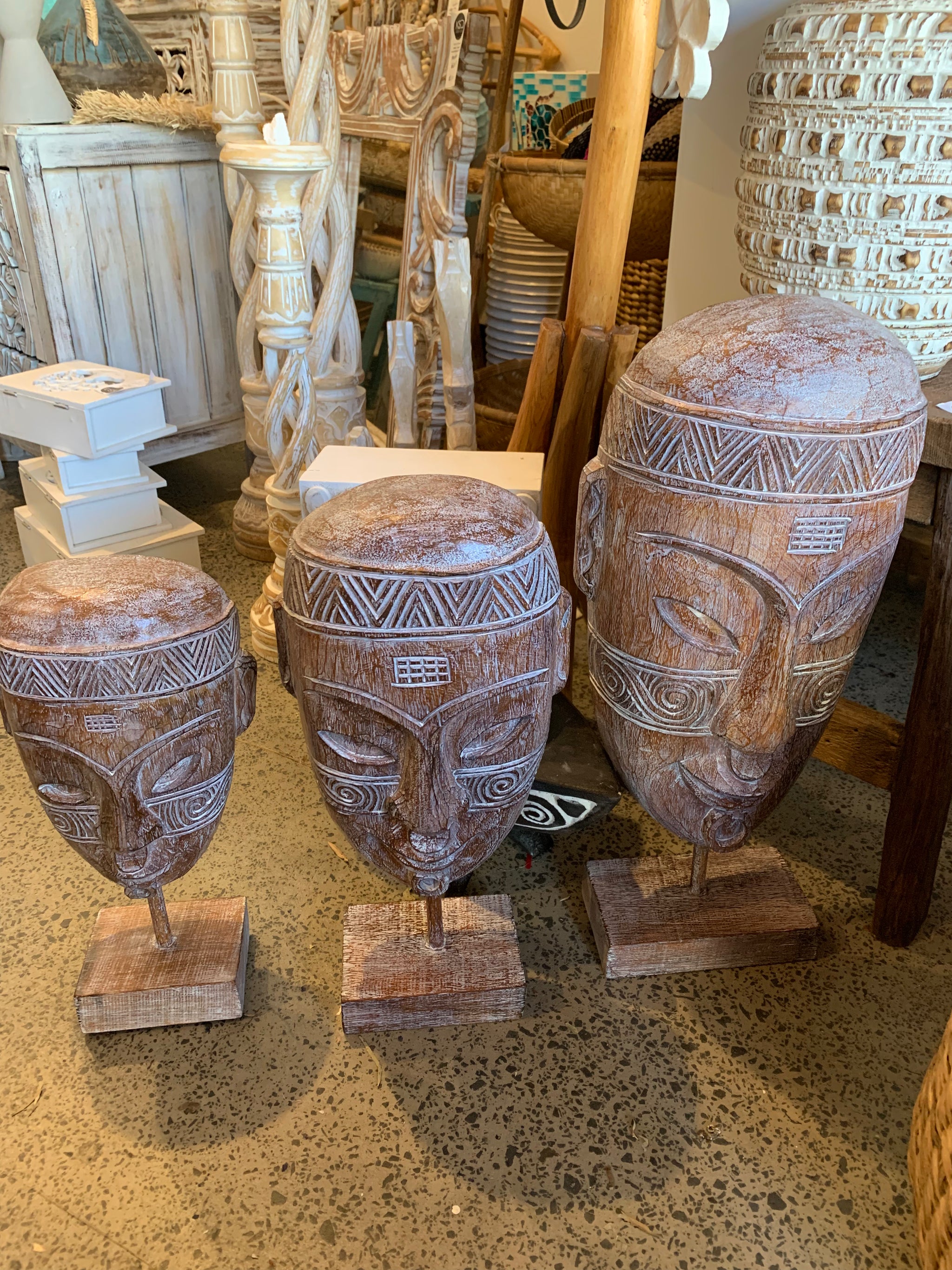 Tribal mask on stand Set of 3. Handcarved - Bali Beach Beyond