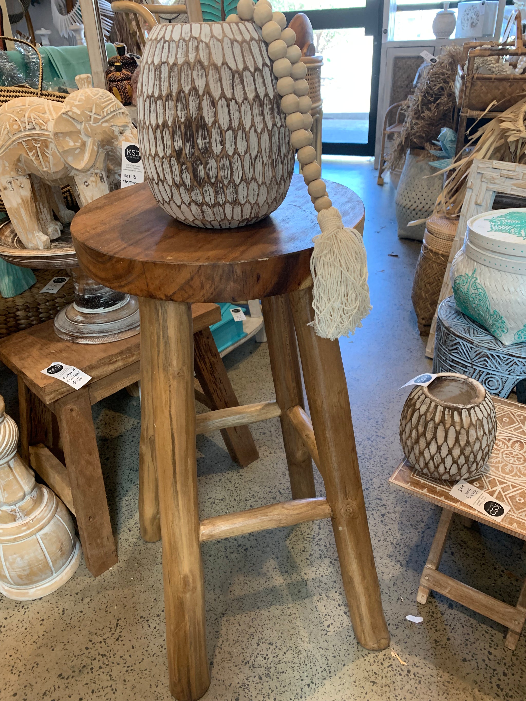 Solid timber round stool / bar stool / side table - Bali Beach Beyond