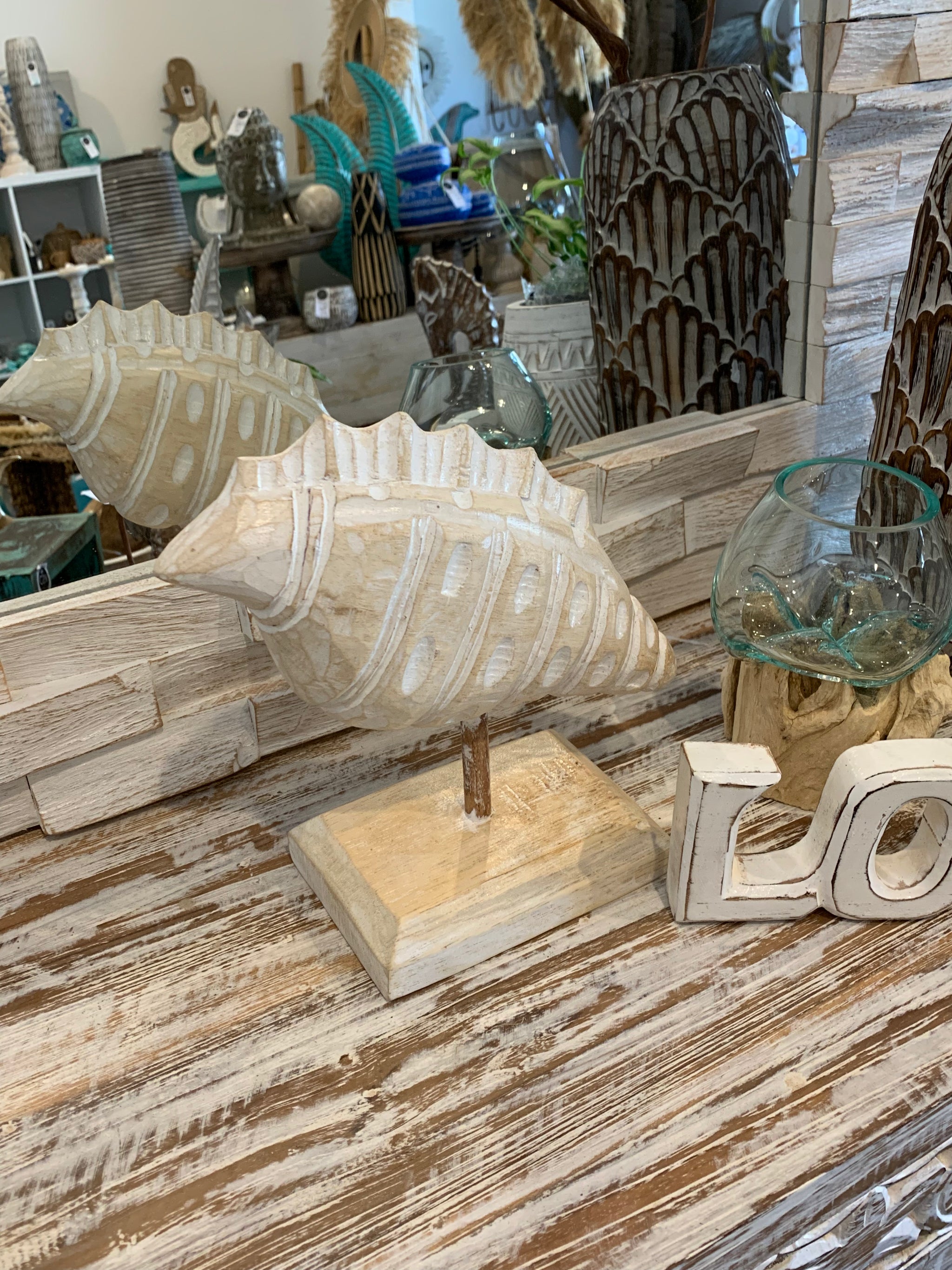 Carved timber shell on stand. Natural. Small - Bali Beach Beyond