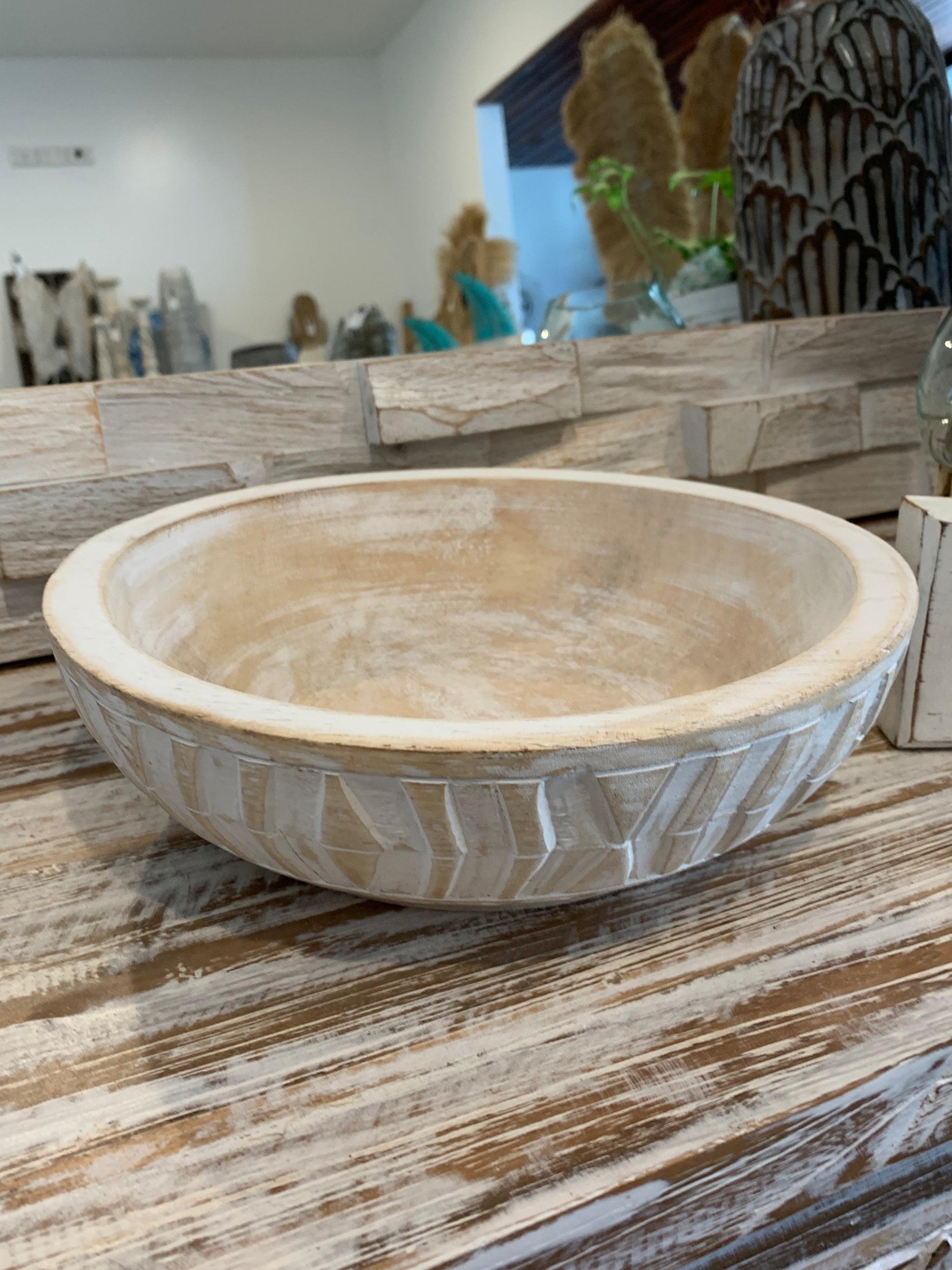 White wash timber handcarved timber bowl. Large - Bali Beach Beyond