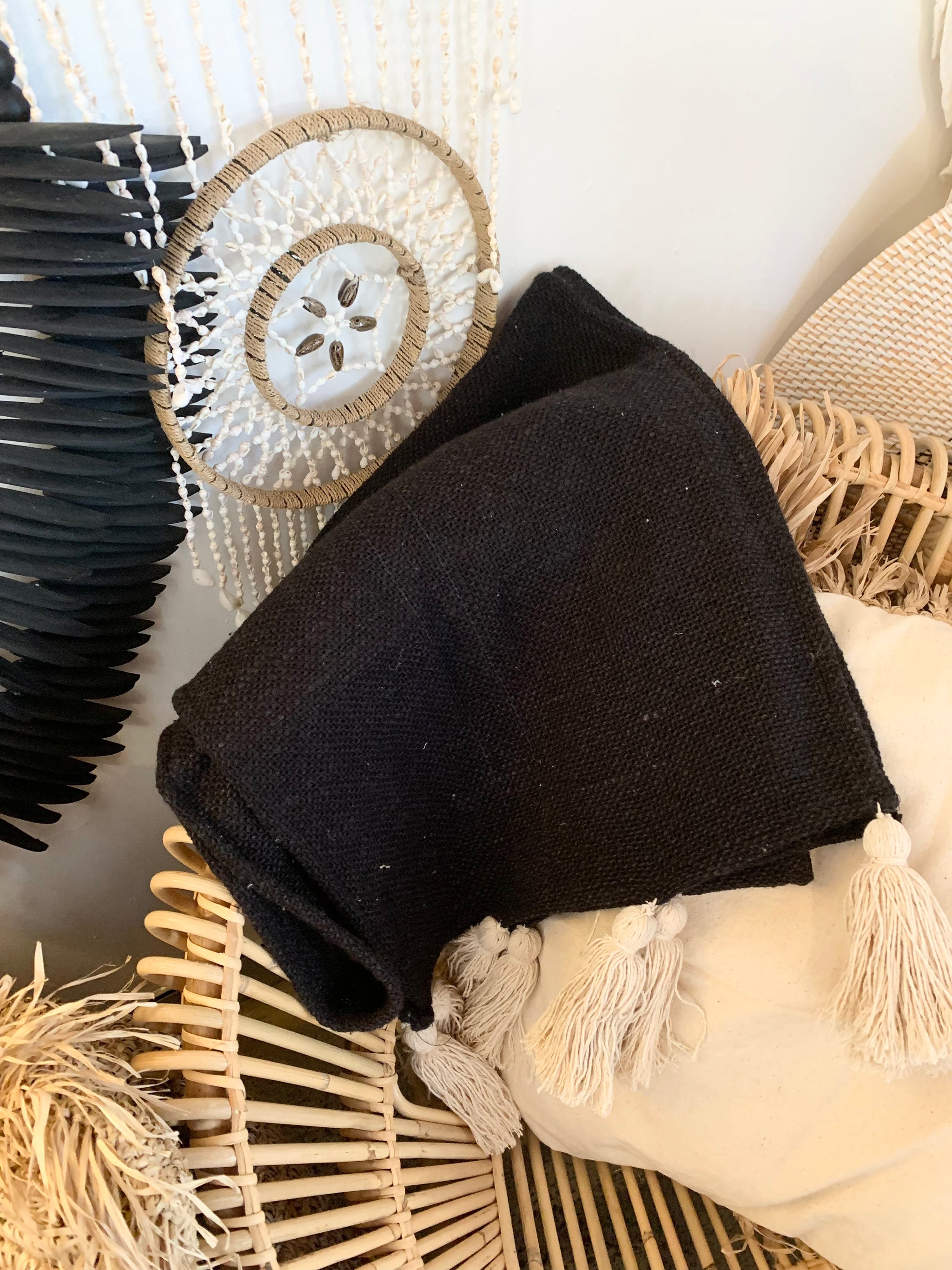 Black table runner / bed throw with tassels / throw - Bali Beach Beyond