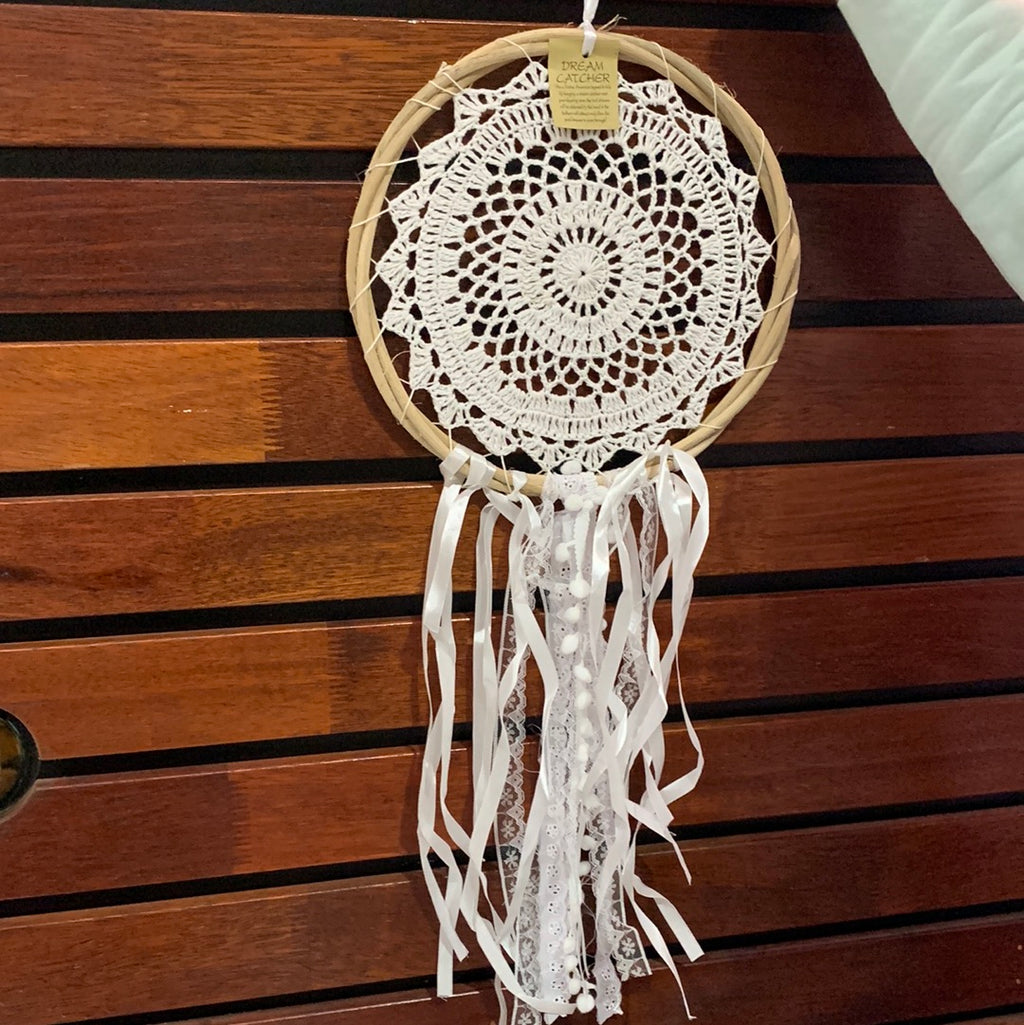White Dream Catcher with string and pom pom. Usually $25 - Bali Beach Beyond