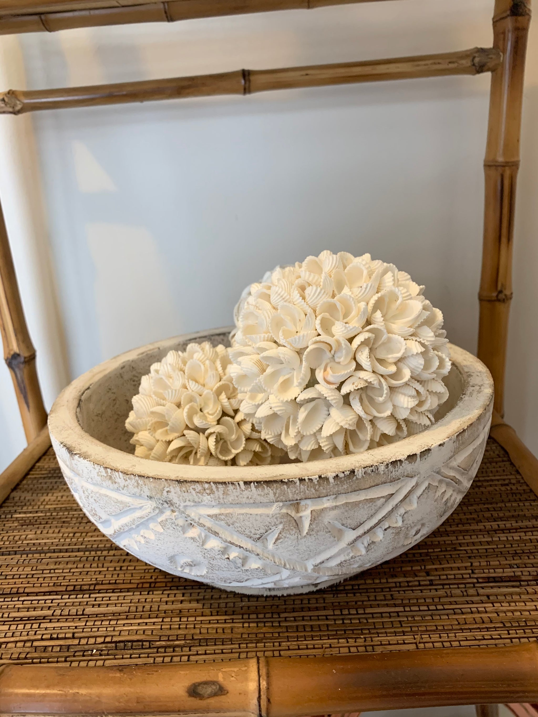 White handcarved timber decorative bowl 25cm x 9cm - Bali Beach Beyond