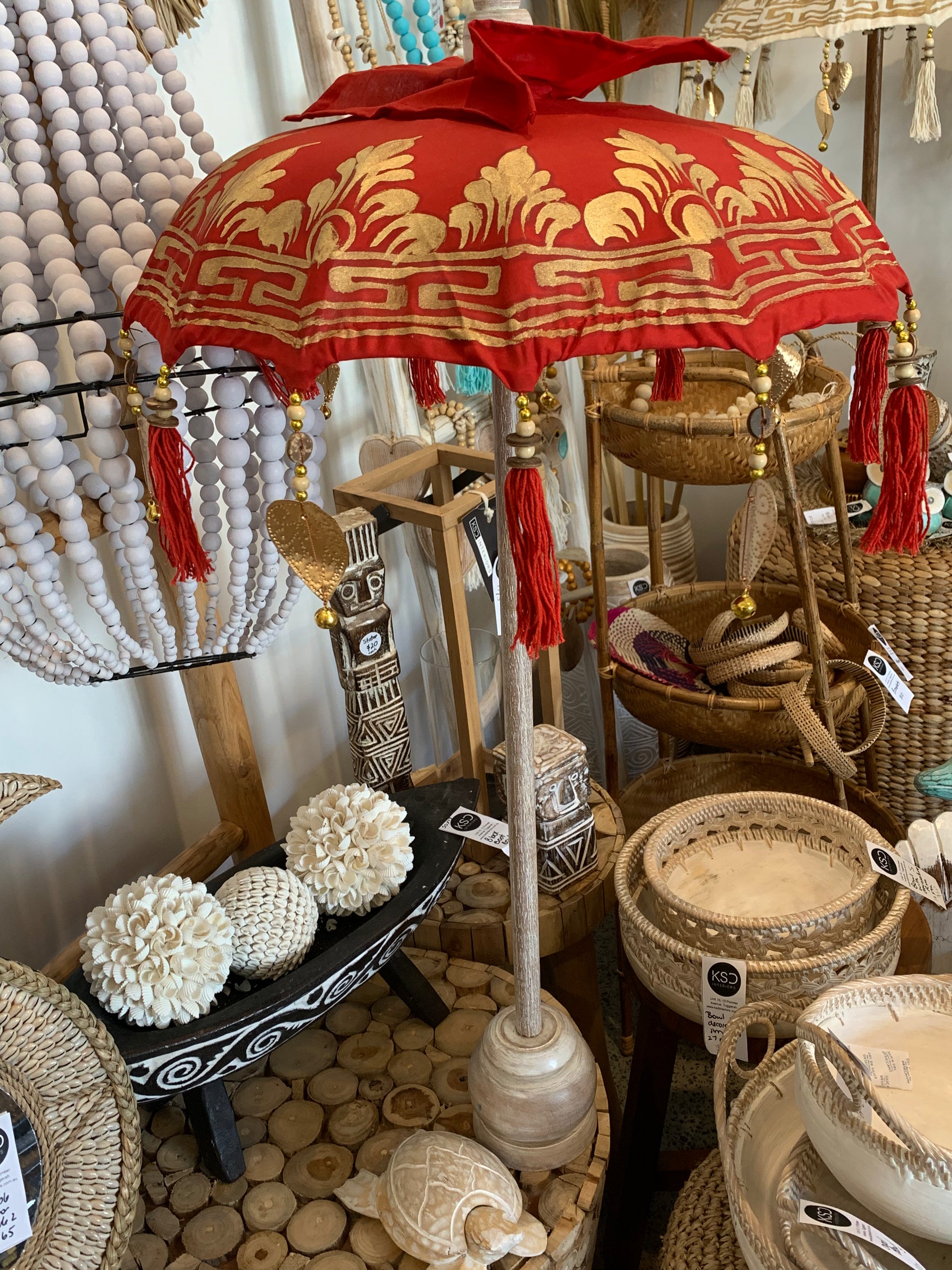 Red Tabletop Umbrella with painting design. EOFY sale. Usually $60 - Bali Beach Beyond