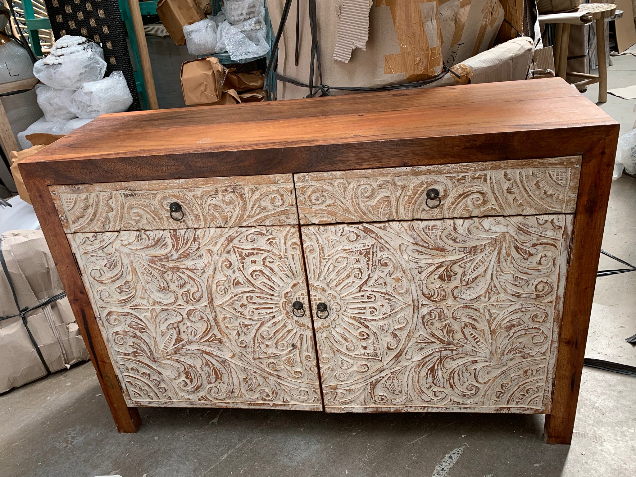 Carved sideboard / cabinet. 2 door 2 drawer - Bali Beach Beyond