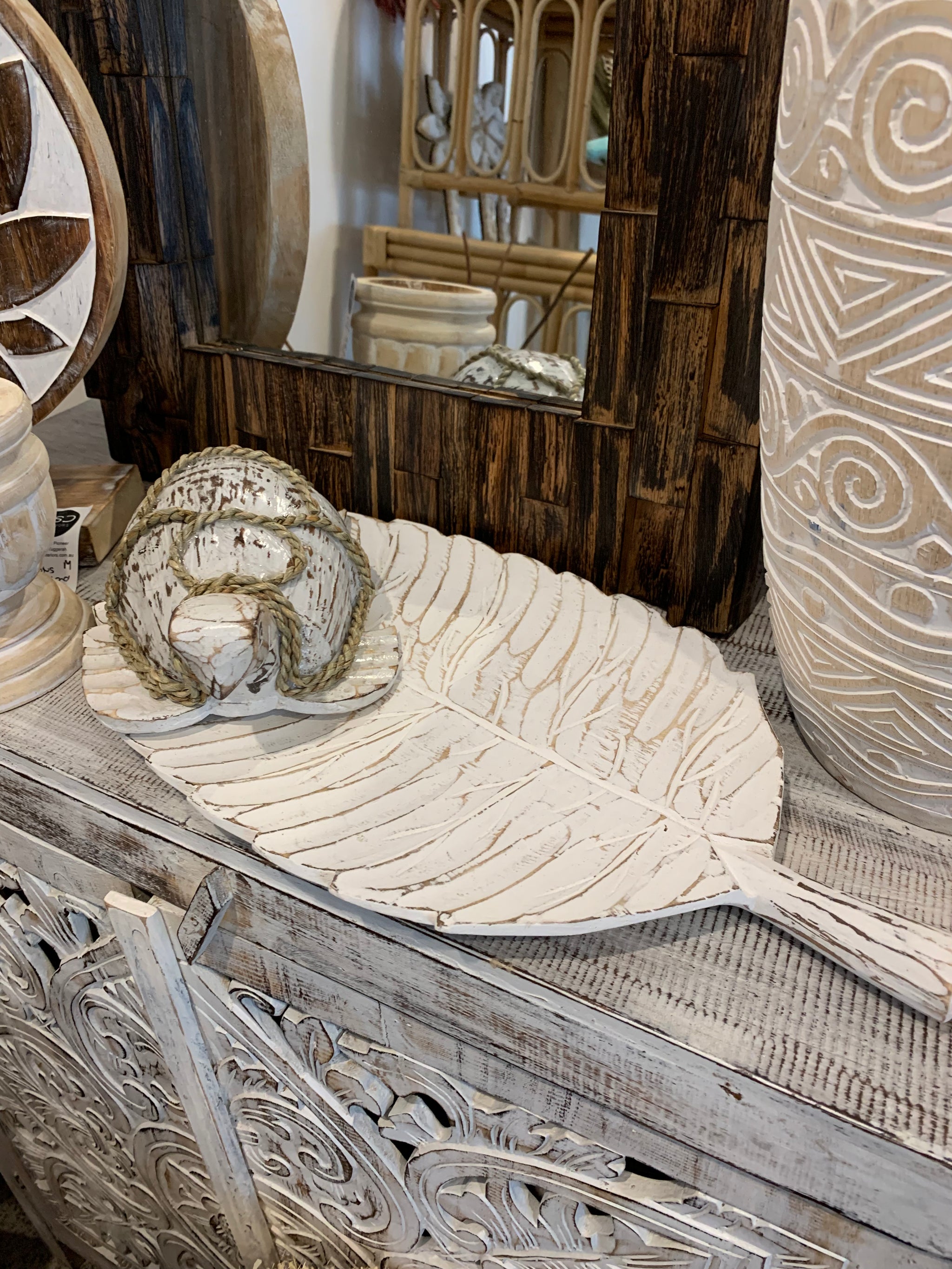 Timber leaf platter. Rustic white finish. Large - Bali Beach Beyond