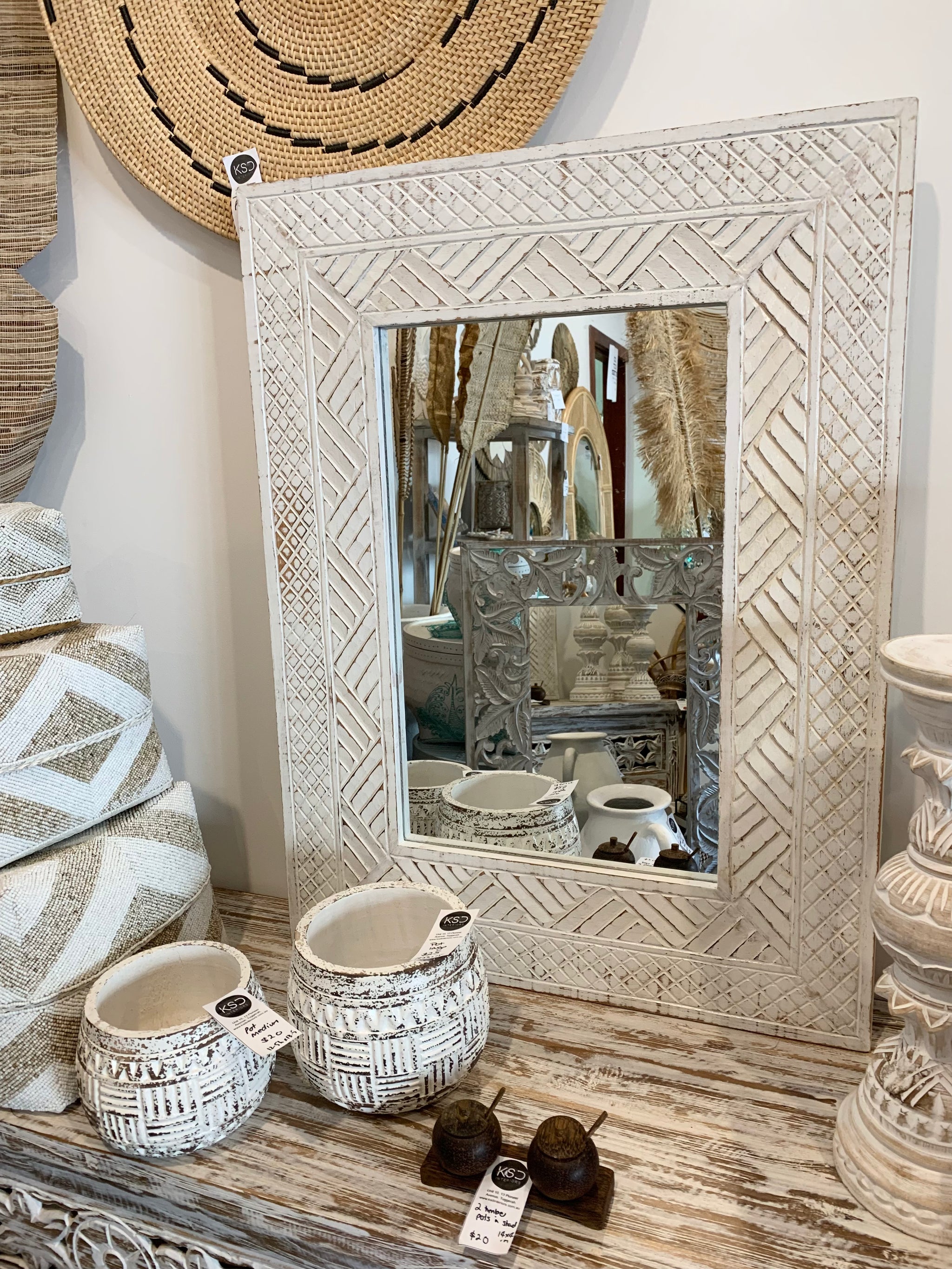 White carved timber mirror - Bali Beach Beyond