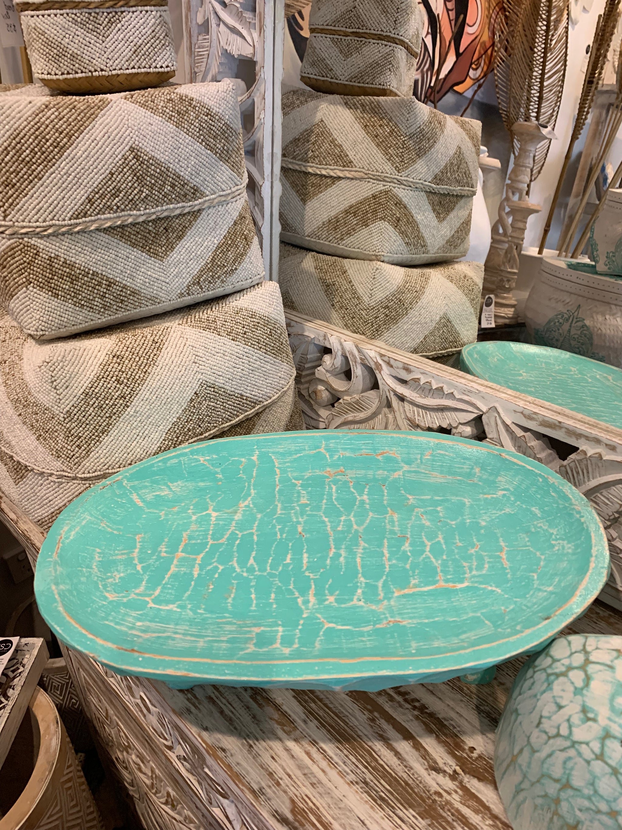 Turquoise timber decorative platter on legs 40cm - Bali Beach Beyond