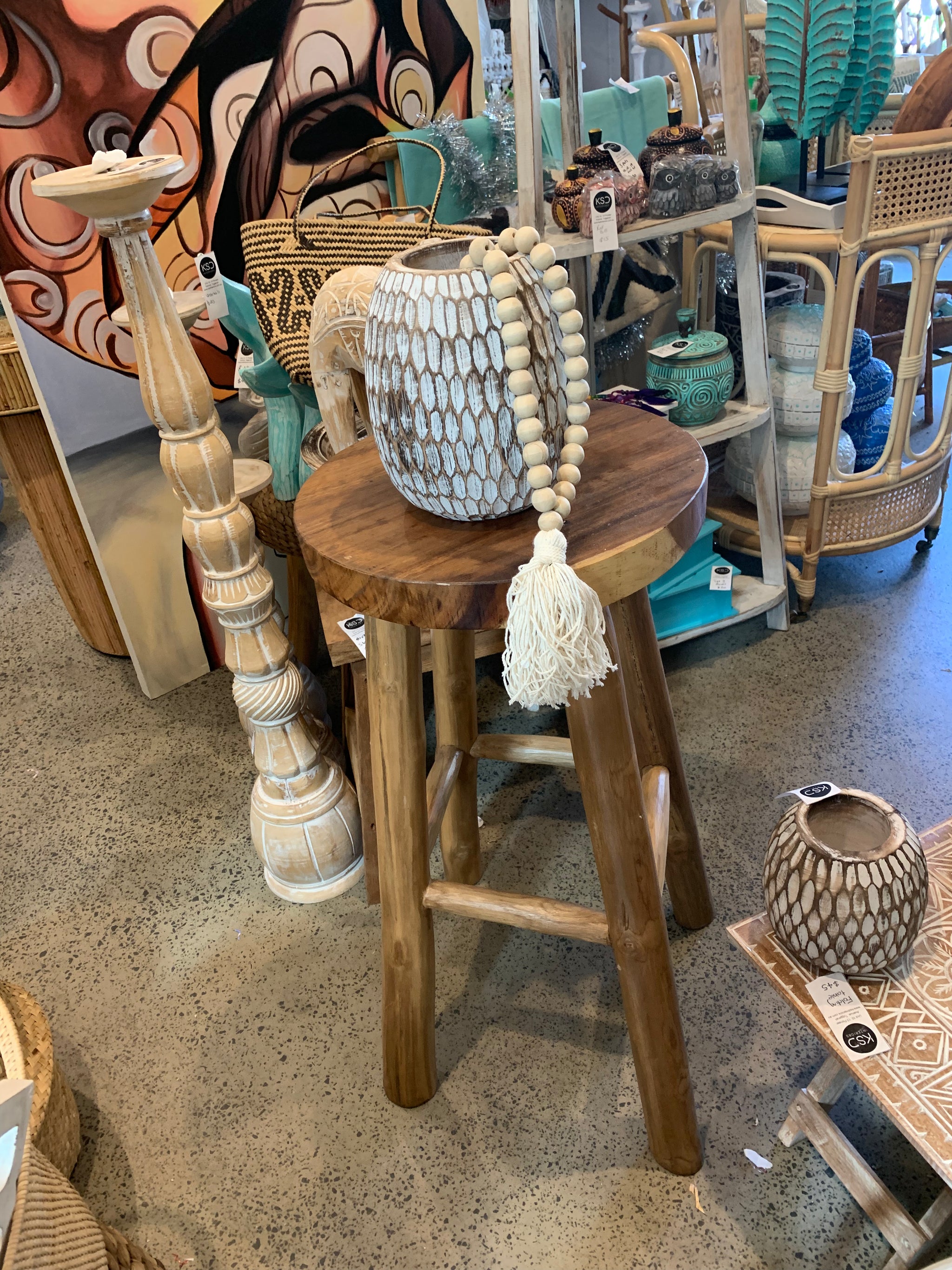 Solid timber round stool / bar stool / side table - Bali Beach Beyond