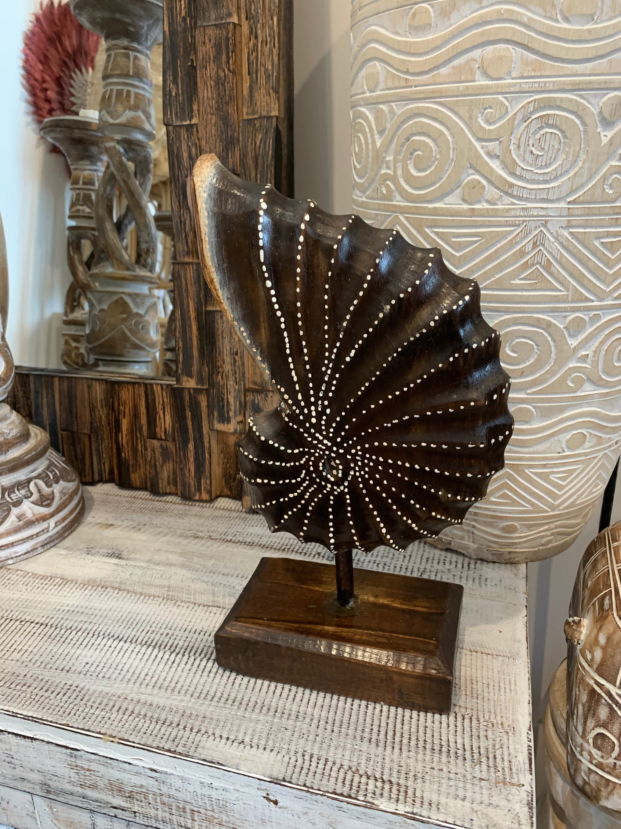Carved timber shell on stand. Brown. Design 2. M - Bali Beach Beyond